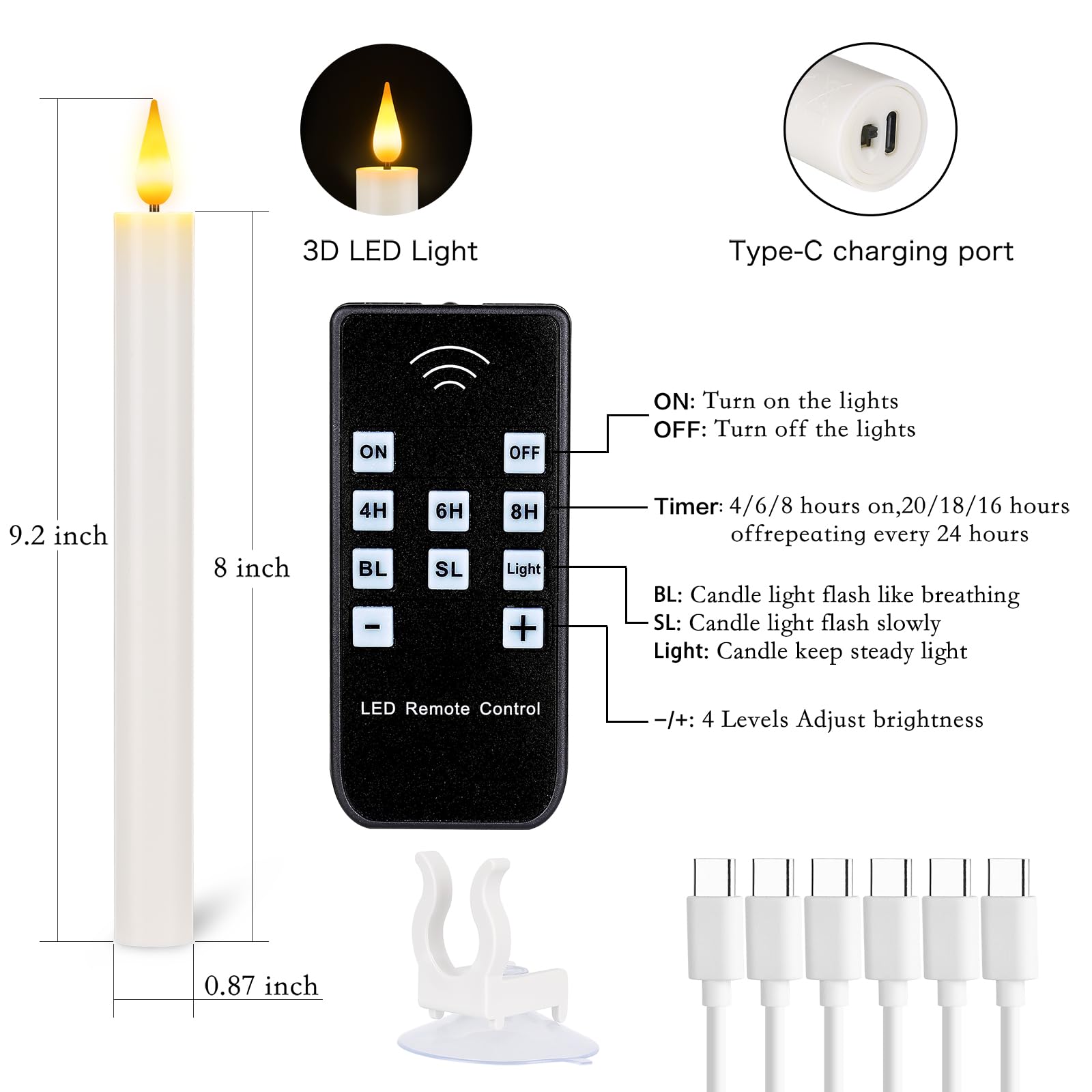 6 candele ricaricabili senza fiamma, senza fiamma, con telecomando e timer, LED bianco tremolante a batteria, candele con ventose, per casa, matrimoni, decorazioni natalizie (2,2 x 23,4 cm)