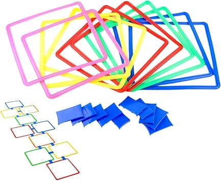 Rock Play Outdoor Game - Ring Connectable Square Set with Bean Bag, 15" Activity Tiles | Kids Obstacle Course Play Set for Indoor Outdoor Playground Backyard School Fun Exercise Adjustment |