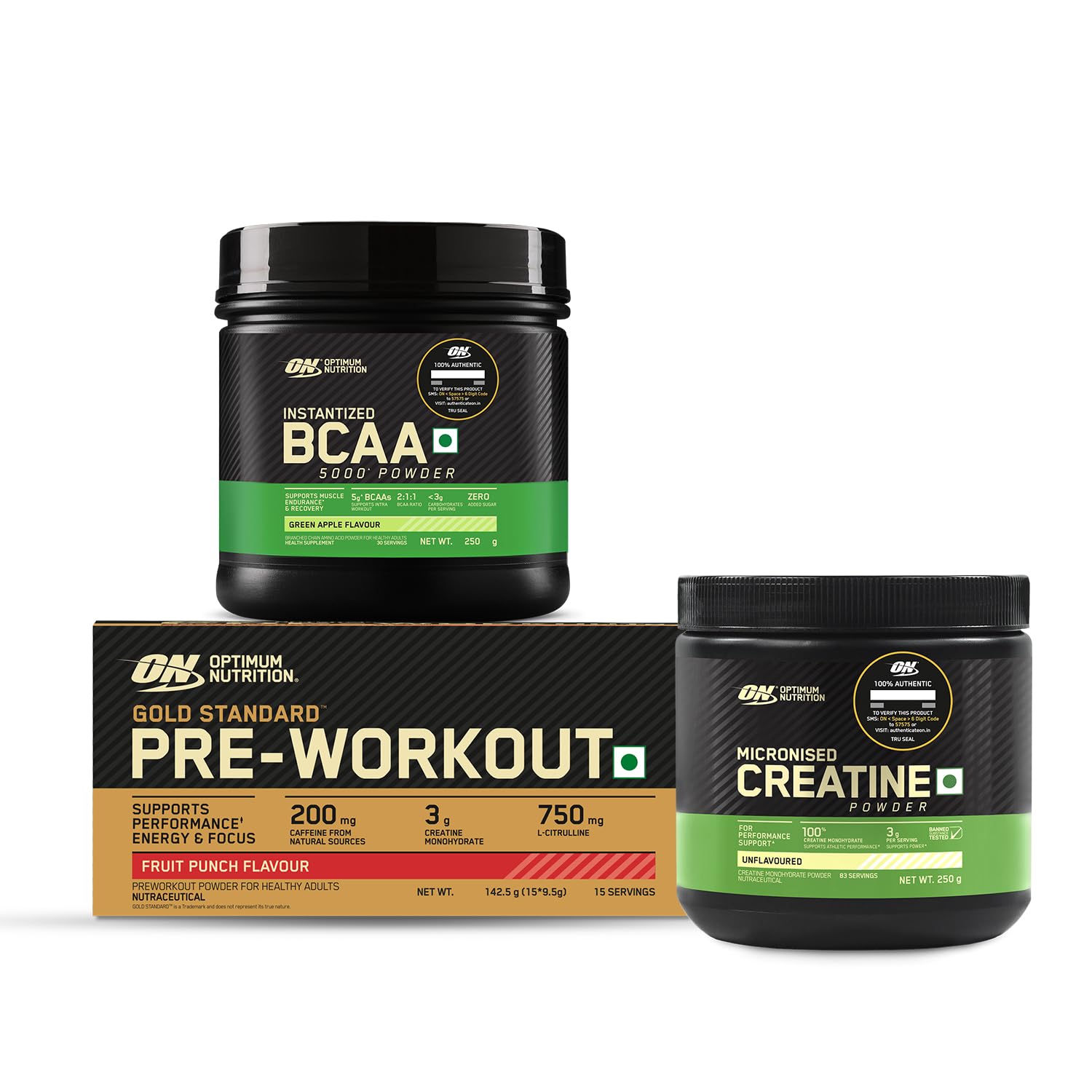 (ON) Creatine Micronized 250 G, 83 Serves - Unflavored, On BCAA-(Green Apple) - 30 Servings And Pre Workout -(Fruit Punch)- 142.5G/15 Single Serve Packs,Powder