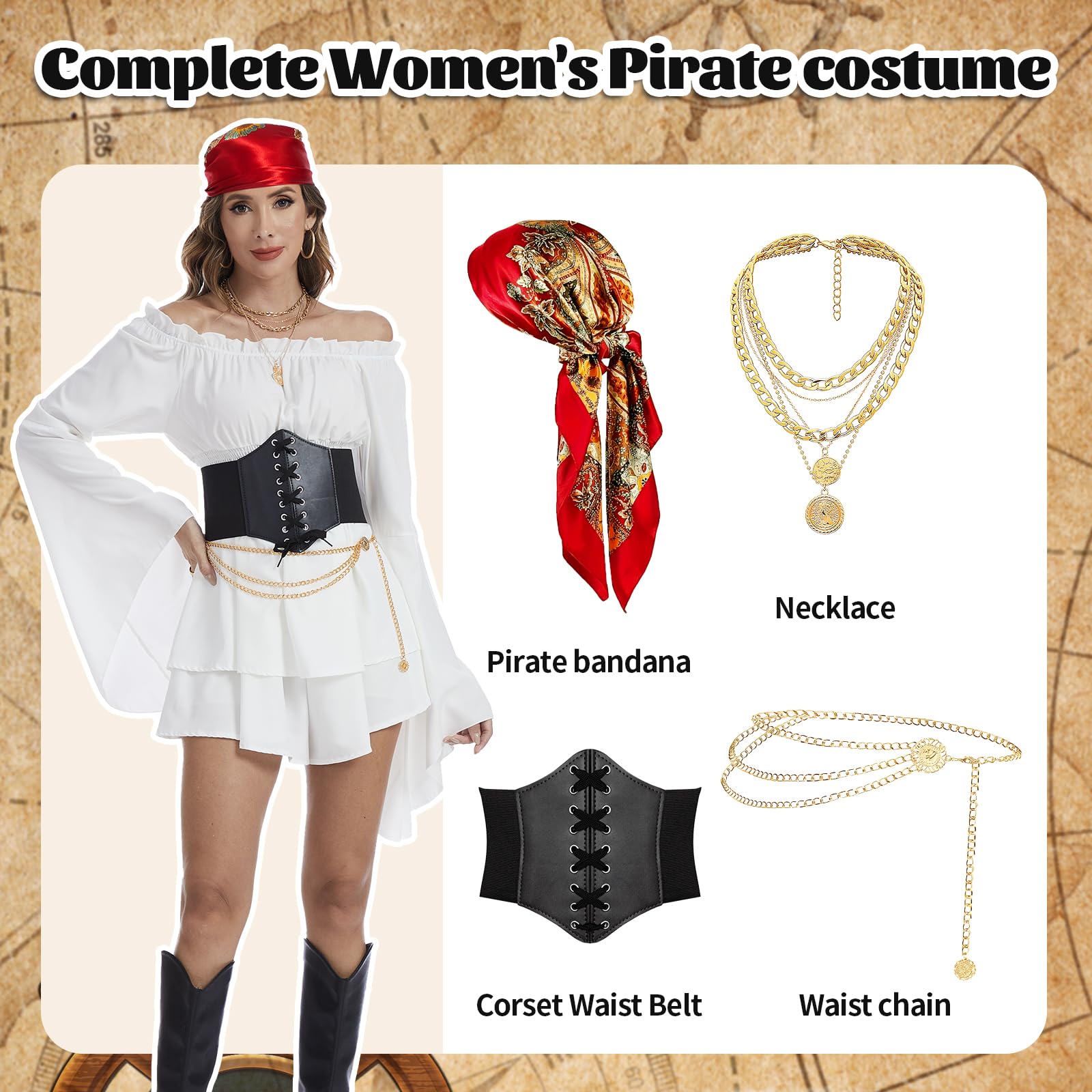 Costume de pirate pour femme - Robe à épaules dénudées - Avec corset, foulard, collier de pirate, chaîne de taille pour carnaval, fêtes et mascarades