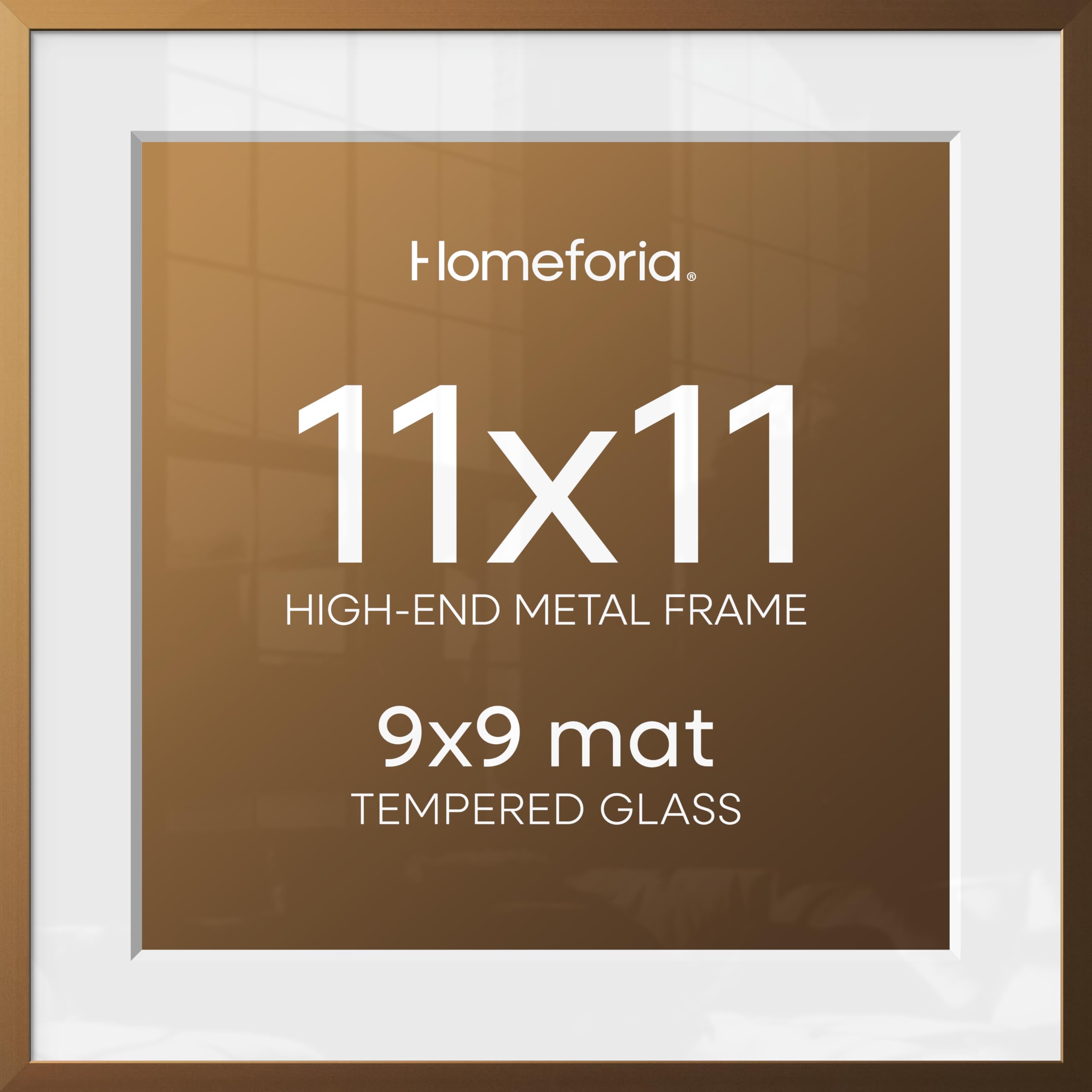 Homeforia 11x11 Bronze Picture Frame, High-End Metal, 9x9 Mat, Glass | High End Aluminum, Tempered Glass, Acid-Free 9x9 Removable Mat, 11x11 in Edge-to-Edge Display 11x11, Wall Kit, Set Of 1