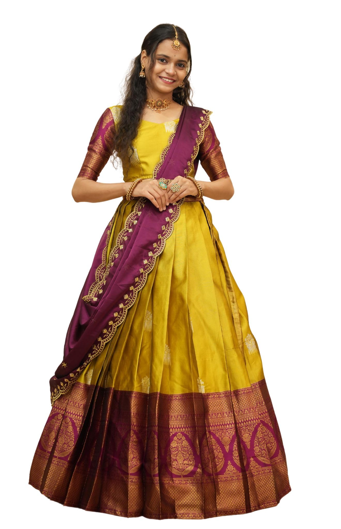 Women's Woven Silk Lehenga, 1 Unstitched Blouse, 1 Dupatta, 1 Waist Belt