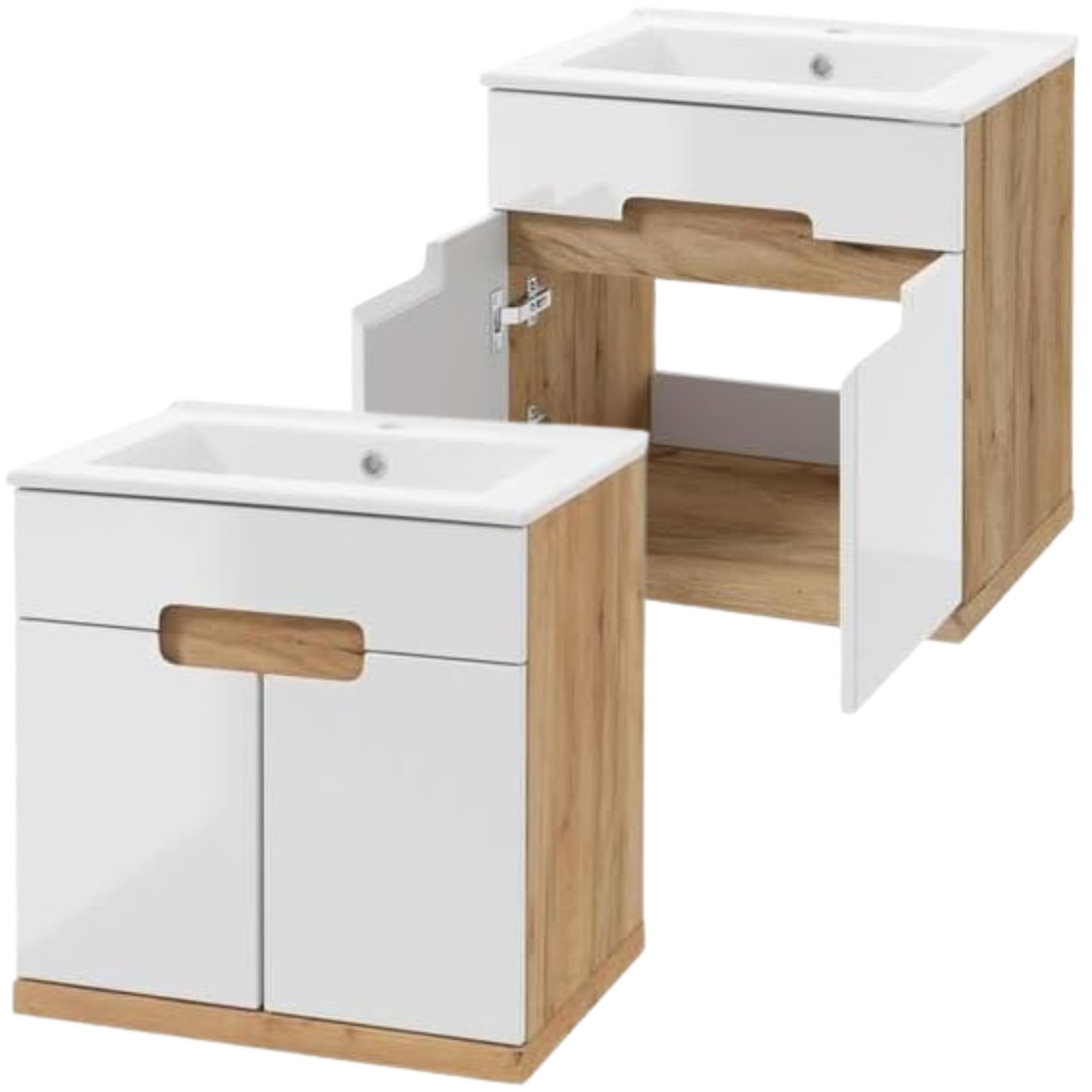 Deftrans Domodomo mobile da bagno con lavabo, 60 x 51 x 45 cm mobile bianco per lavabo, mobile a muro per bagno - set lavabo in ceramica (Ronda Oak Craft+ White 50 cm)