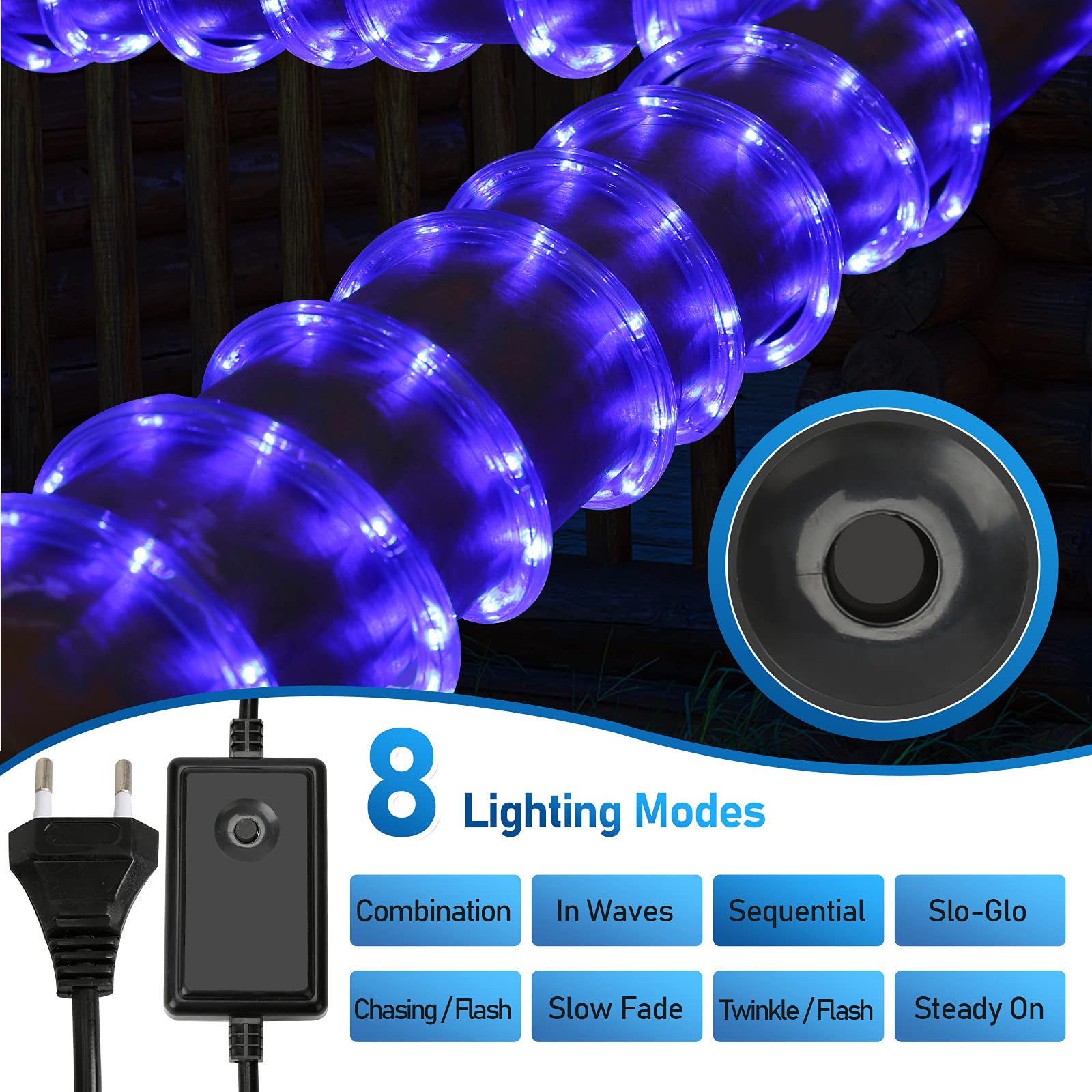 Fiqops Manguera LED Exterior, 30m Tubo LED Impermeable, Led Manguera de Luces, LED Luces de Tira con Enchufe, para Decoración e Iluminación Jardín-azul