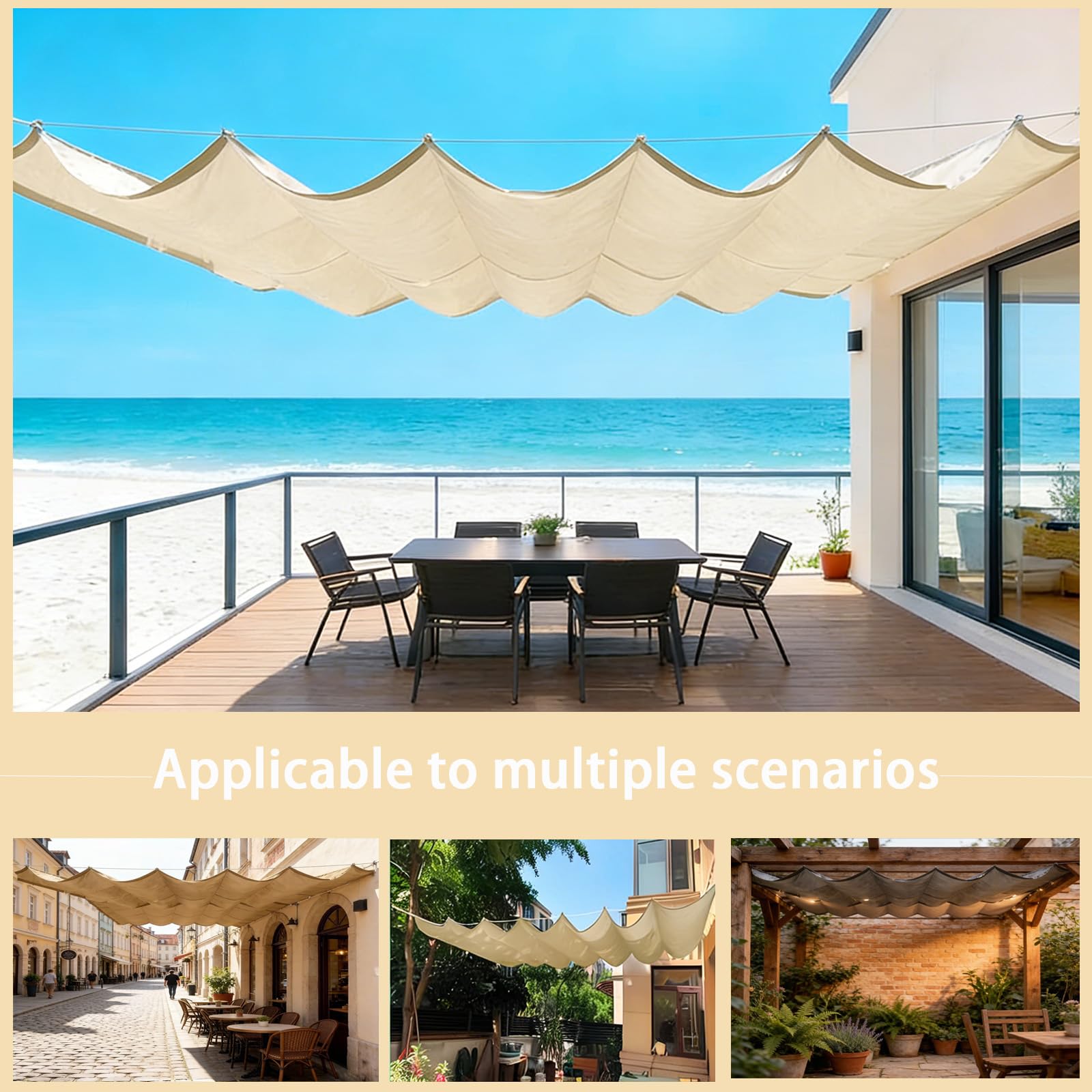 Einziehbare Welle Sonnensegel, Verstellbar Schattenabdeckung, Sonnenschutz Wasserdicht Outdoor Wellenmarkise mit Ösen und Kordel für Balkon Terrasse Garten-Khaki||350x400cm