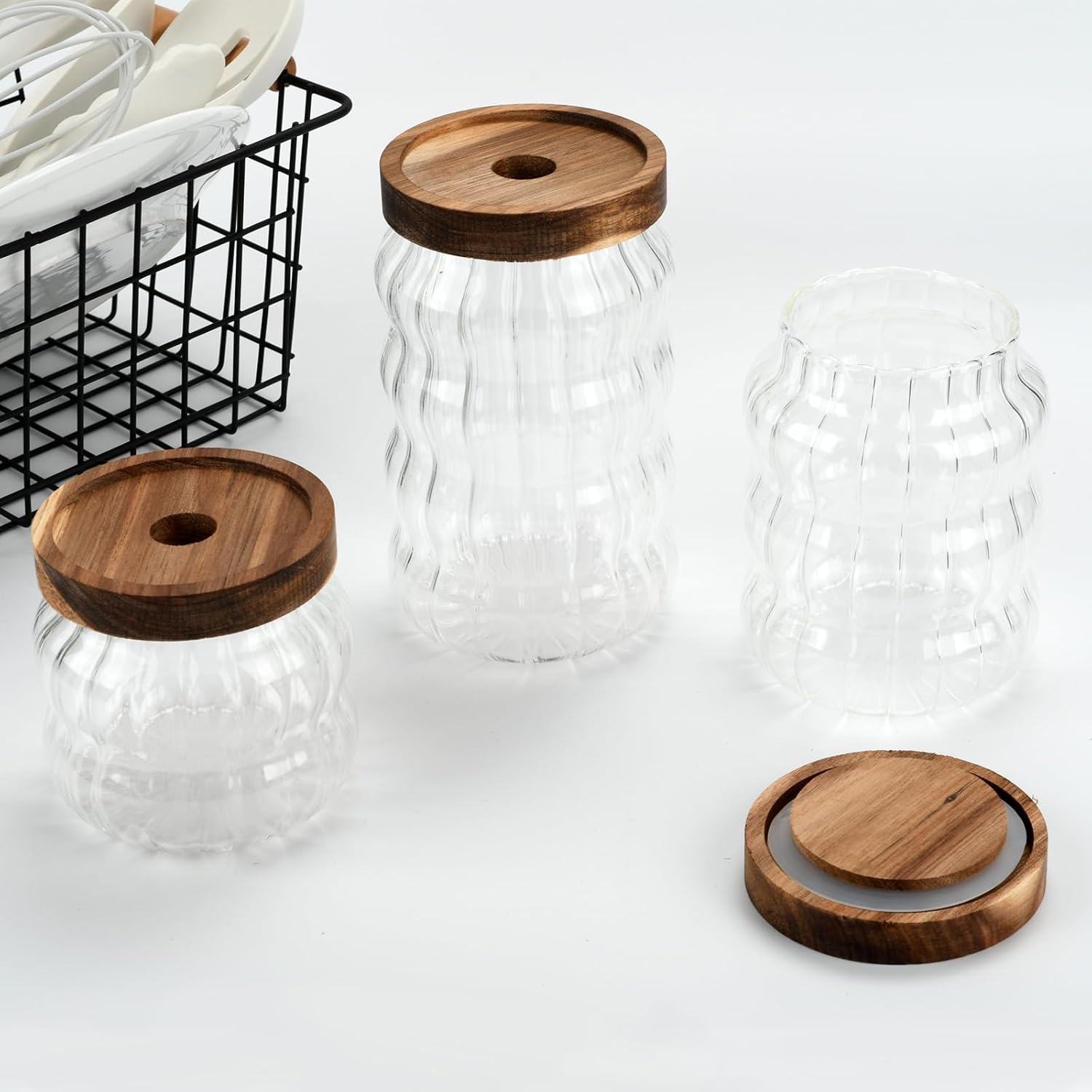Glass Storage Containers with Wooden Lids, Airtight Glass Jar Kitchen Storage Container with Acacia Wood Lid Set of 3 Sugar Canisters for Candy, Cereal, Snack, Tea, Rice, Coffee Bean, Spice (Stripe) image 5