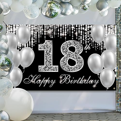 Miniatura 6 de Cartel de fondo de 18 cumpleaños, decoraciones de feliz cumpleaños 18 para niños y niñas, negro y plateado para fiesta de cumpleaños de 18 años,