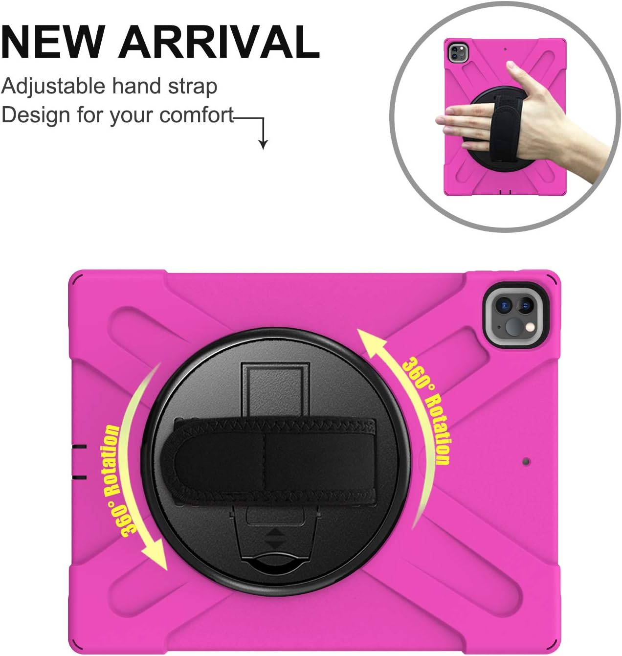 🛒 Crazy Deals iPad Pro 12.9 2020 Case, KIQ Shockproof Heavy Duty Shield Durable Impact Drop-Protection, Kickstand, Handstrap, Case Cover for Apple iPad 12.9 (2020) [Hot Pink]