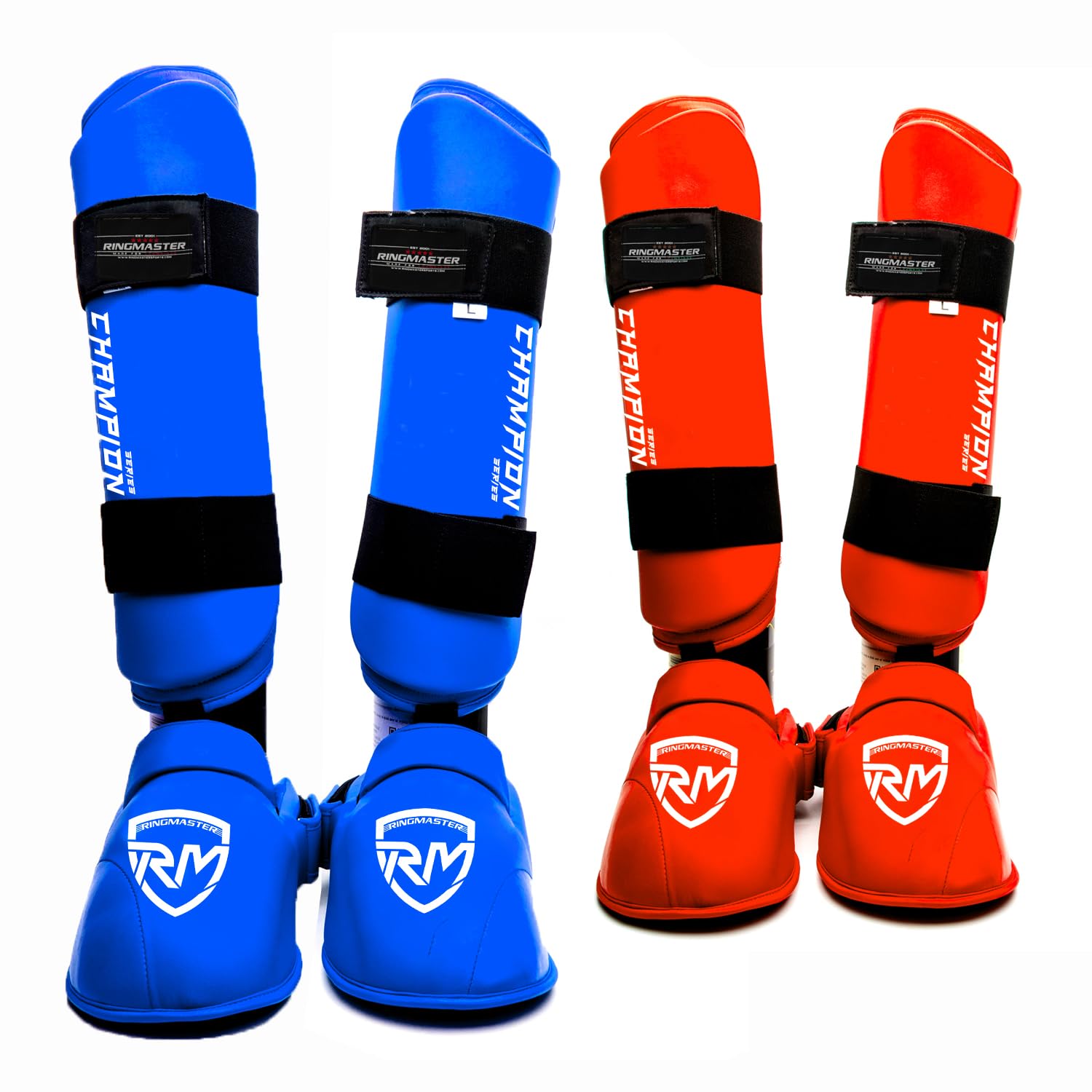 RingMaster Karate Shin Pads Instep Guard Martial Arts WKF Styled Leg Protector (Blue, Extra Large)