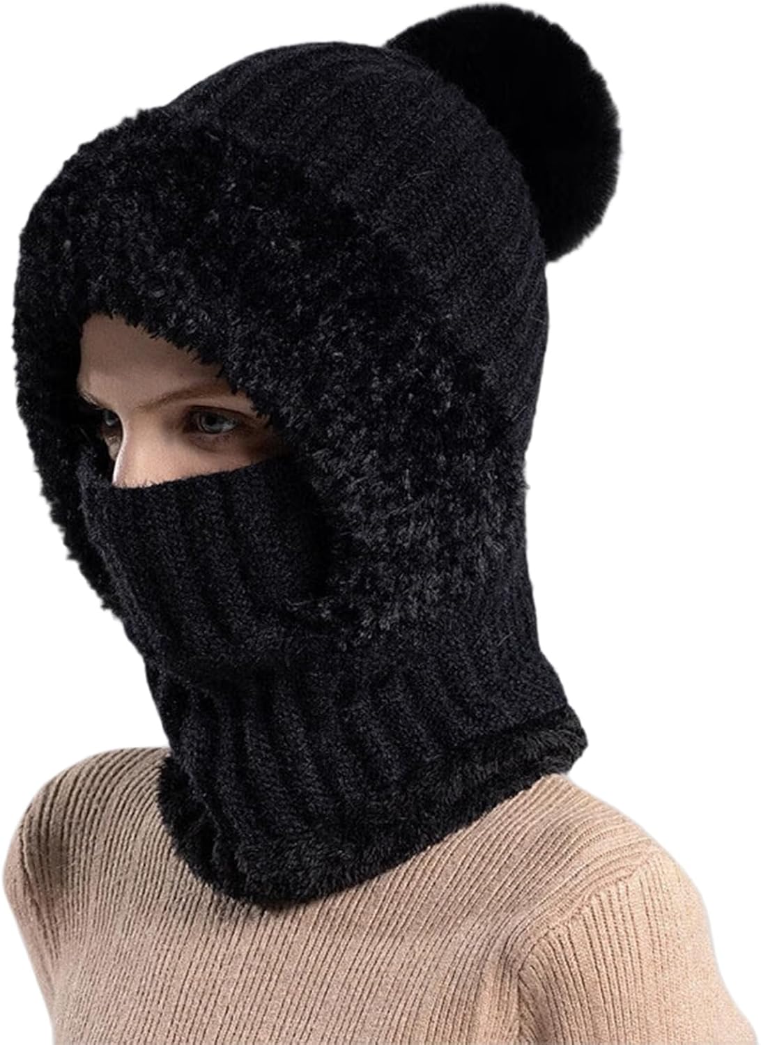 Women’s Knitted Beanie Hat with Face Cover - 3 in 1 Winter Balaclava with Mask Scarf Ear Muffs Pompom Fleece Lined Snow Caps