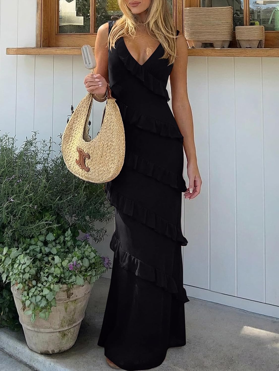 Womens Sexy V Neck Mesh Maxi Cocktail Dresses Elegant Ruffle Backless Bodycon Wedding Guest Party Long Dress