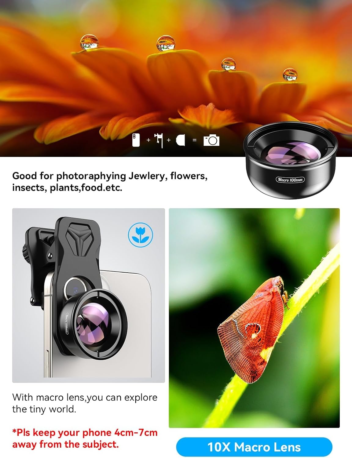APEXEL 10X Macro Lens for iPhone and Android with Rechargeable LED Light 5-Element Glass Optics, Clip-on Design, 3 Light Colors and 5 Brightness Levels for Flowers, Food, Jewelry, Crafts and Insects