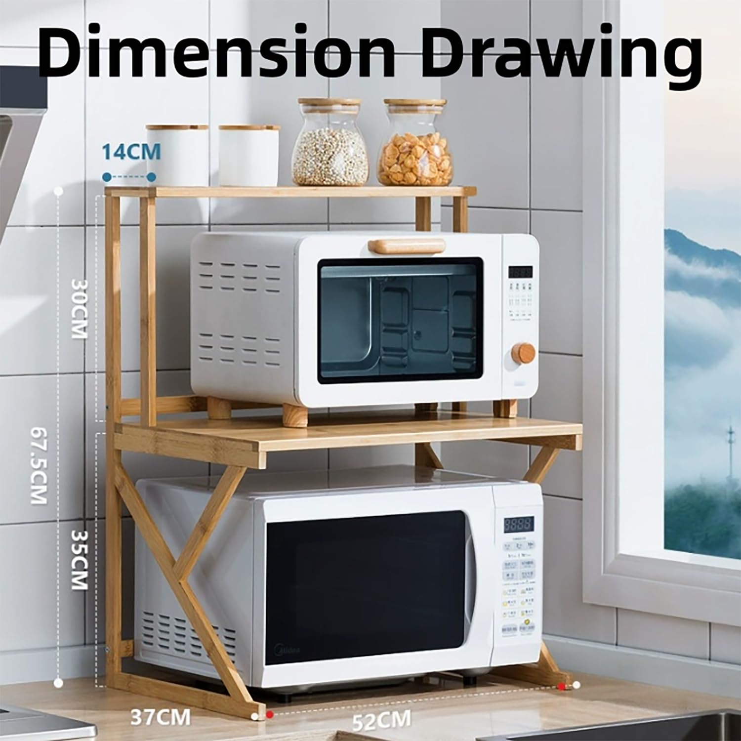 2-Tier Bamboo Microwave Stand, Countertop Microwave Oven Rack