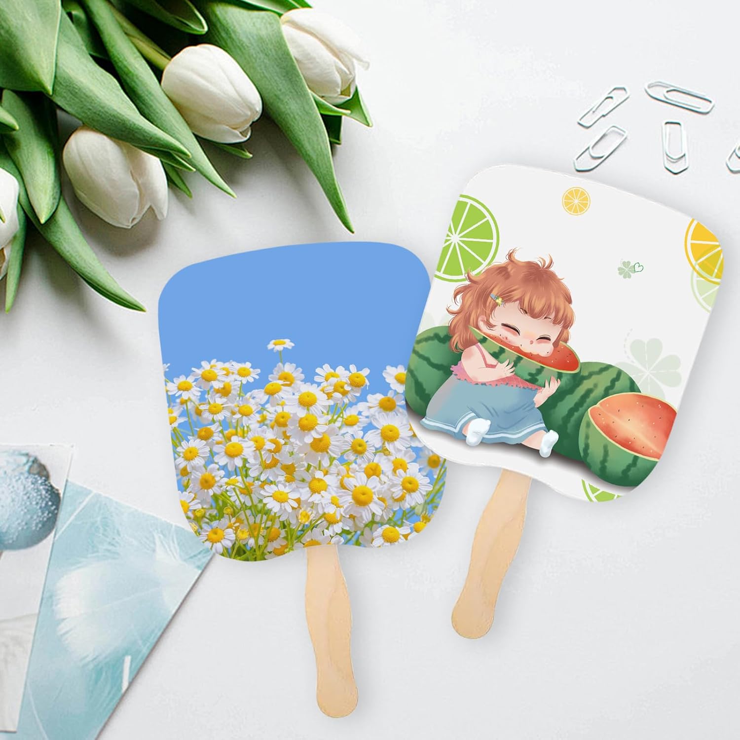 100 Church Fans Handheld Set, Wedding Fans Graduation Fan Paper Fan Bulk for DIY Crafting Painting Hand, Included Blank Cardstock Handle Craft Wooden Sticks Double Sided Tape