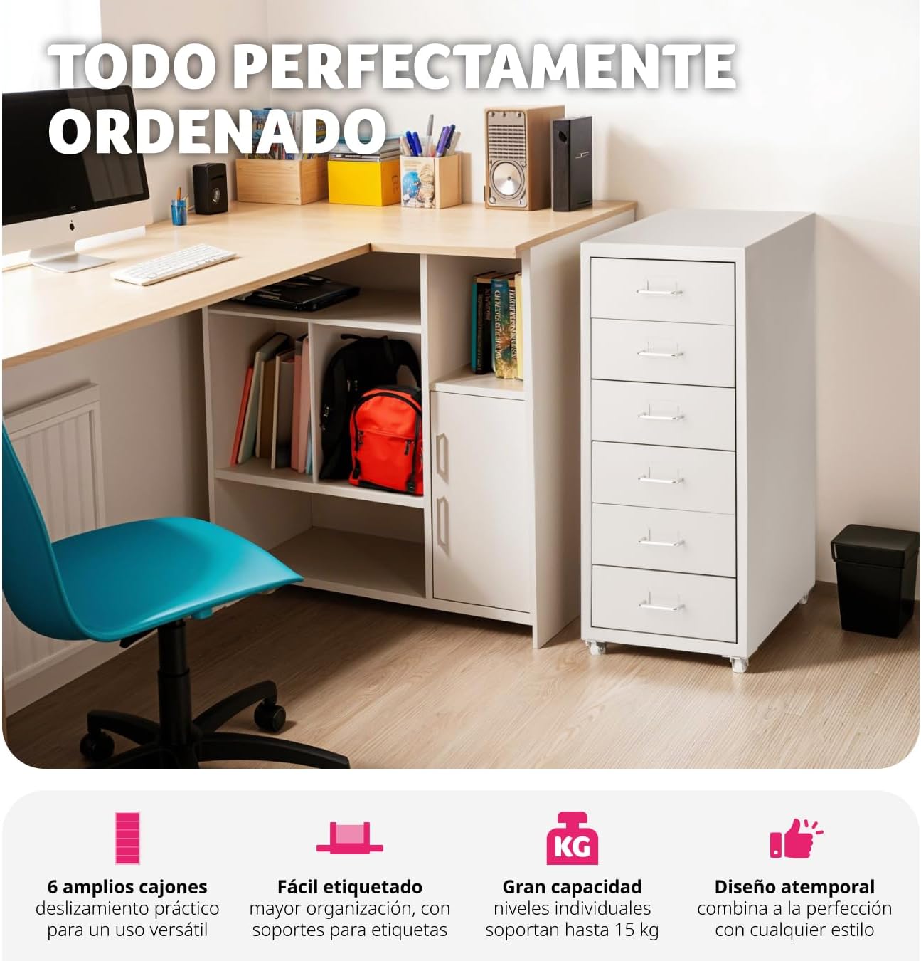 Image showing the fully assembled 6-drawer cabinet with drawers open, demonstrating storage capacity.