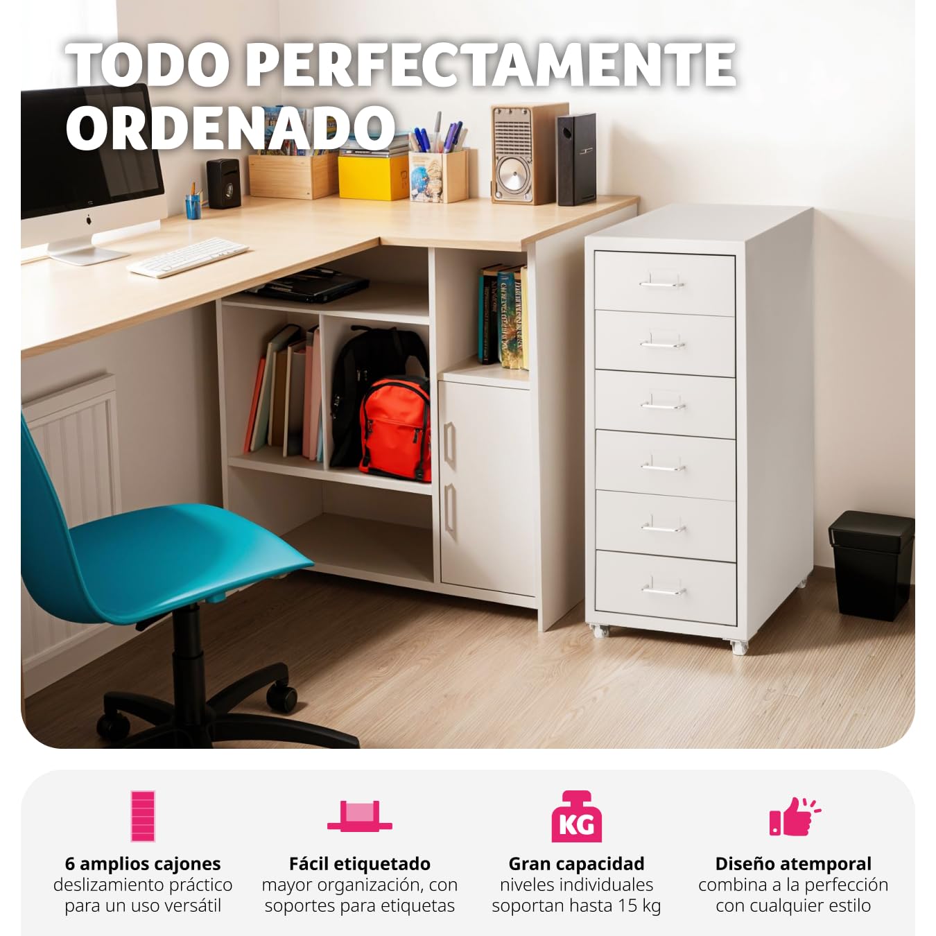tectake® Cajonera 41x28x69 cm con Ruedas de Metal, 6 Cajones para Almacenamiento, Oficina y Despacho, Cajonera Escritorio, Cajoneras, Armario Interior, Armario Bajo - Gris Blanco