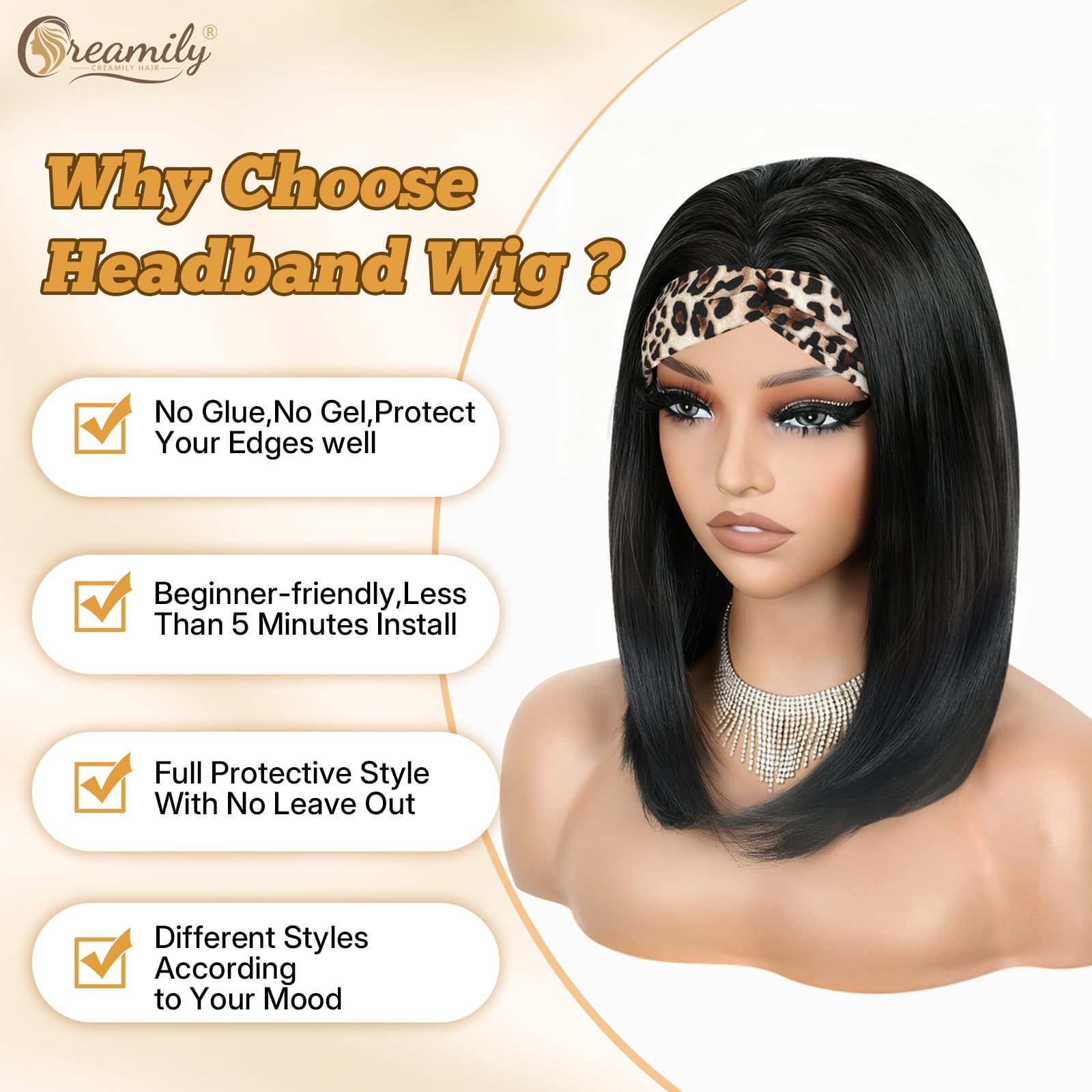 Creamily Short Bob Hairband Wigs for Women 10 Inch Straight Easy Wear and Go Glueless Natural Black Synthetic Headband Wigs for Girl No Lace for Daily Use 4