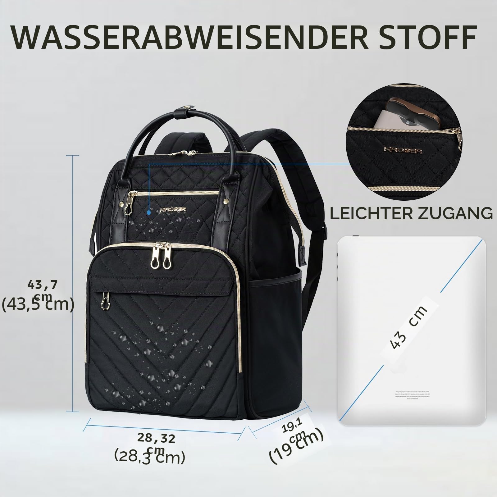 KROSER Laptop-Rucksack Damen 17 Zoll Business Reiserucksack Wasserdicht mit Hartgeschältem Sicherheitsraum Tasche für Männer/Frauen, Schwarz Gesteppt