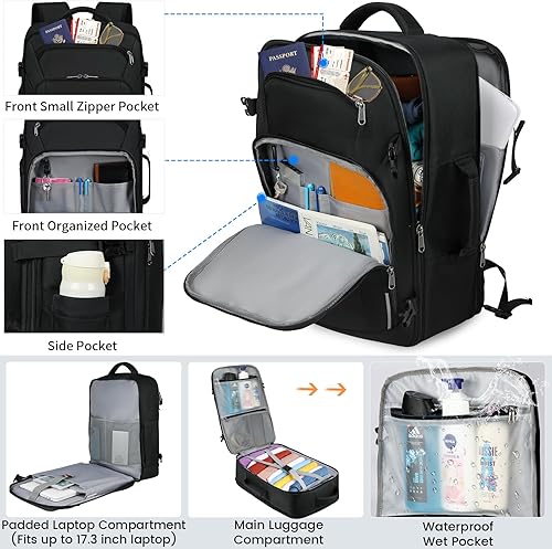 Miniatura 3 de RAINSMORE Mochila de viaje para hombres y mujeres, mochila de mano aprobada por aerolíneas, mochila para portátil de 17 pulgadas, mochila