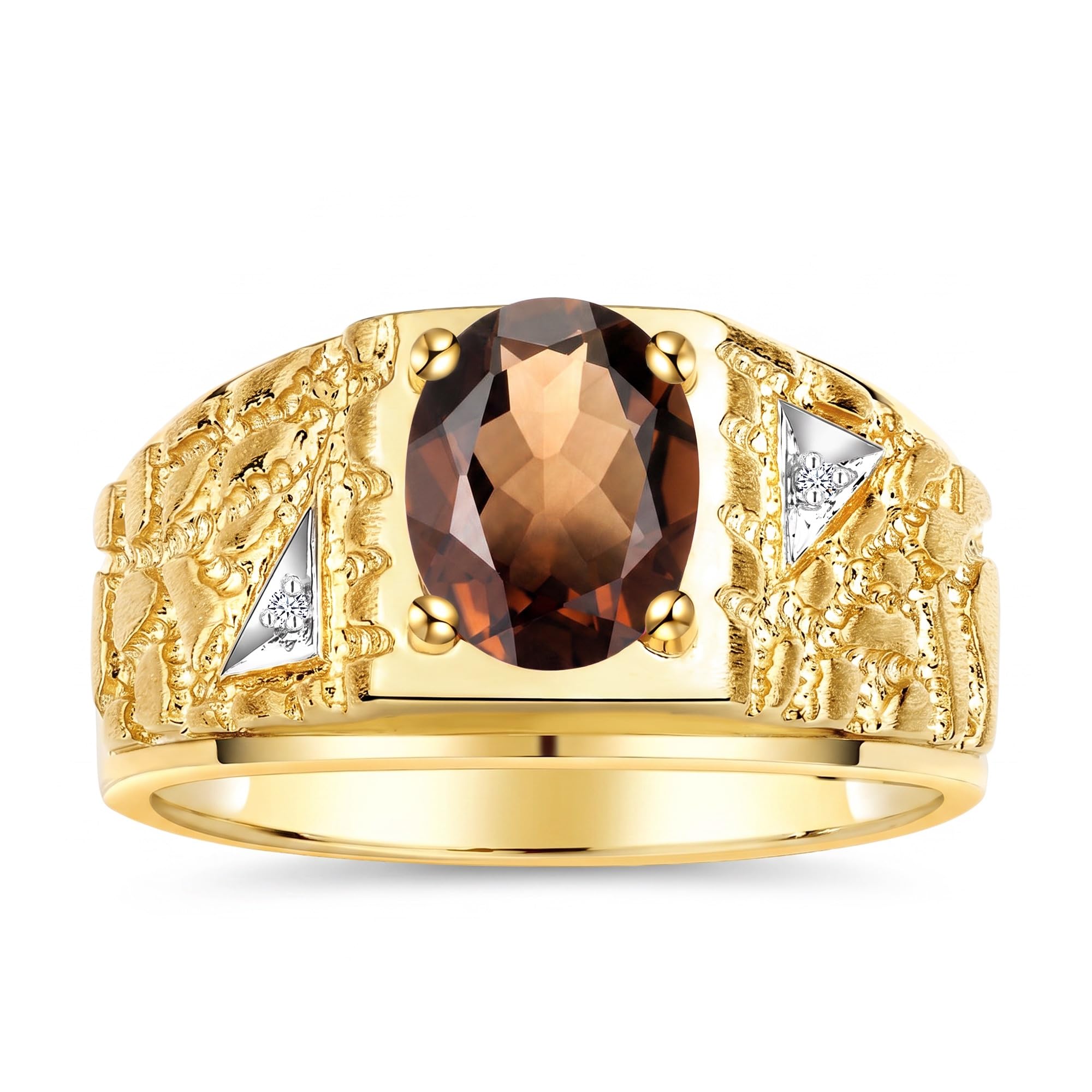 Rylos Men's Rings Designer Nugget Ring: Oval 9X7MM Gemstone &amp; Sparkling Diamonds - Color Stone Birthstone Rings for Men, Yellow Gold Plated Silver Rings in Sizes 8-13. Mens Jewelry