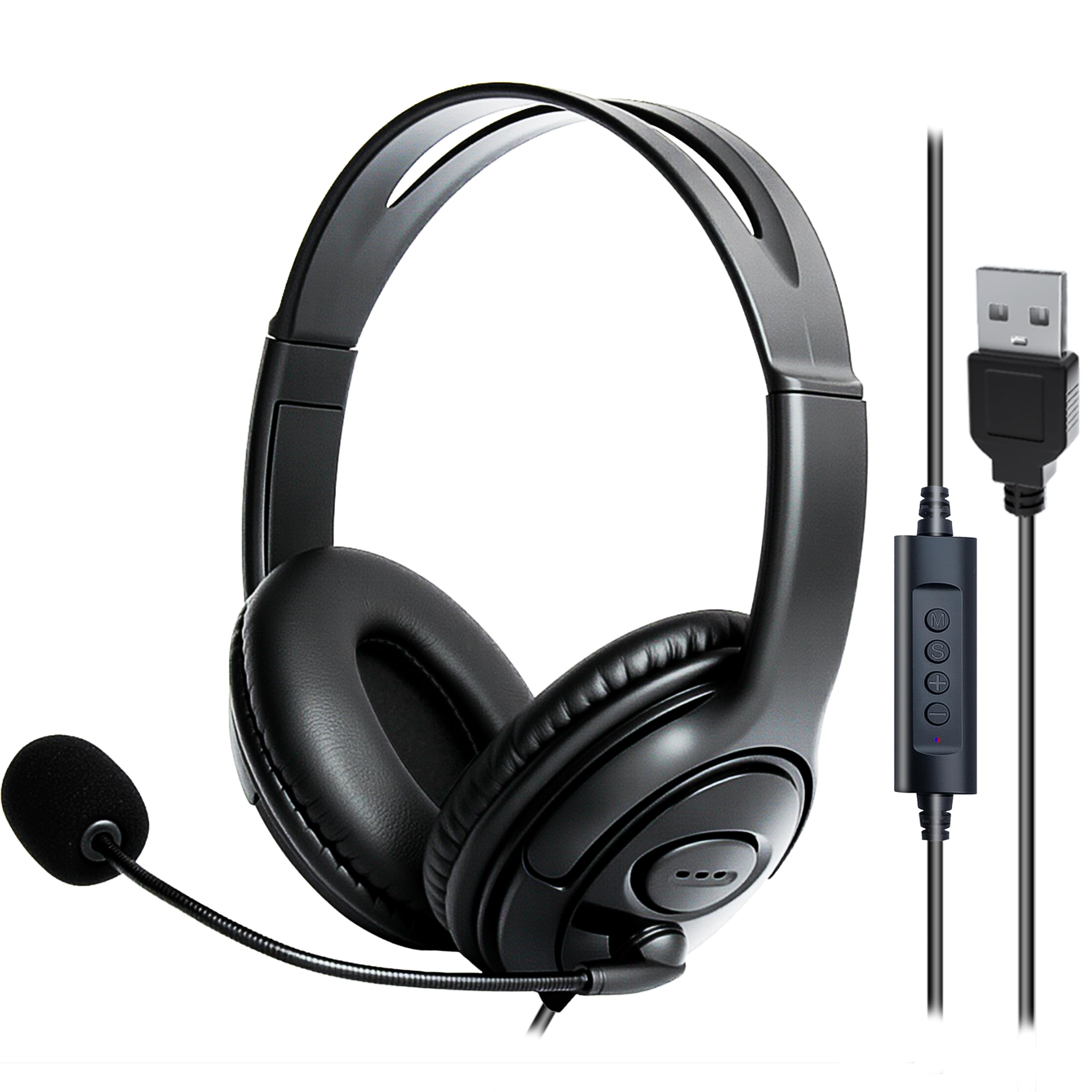 321Wasay USB Headset with Mic, Computer Wired Headphones with Microphone for PC, Laptop (Black - Full Ear Cups)
