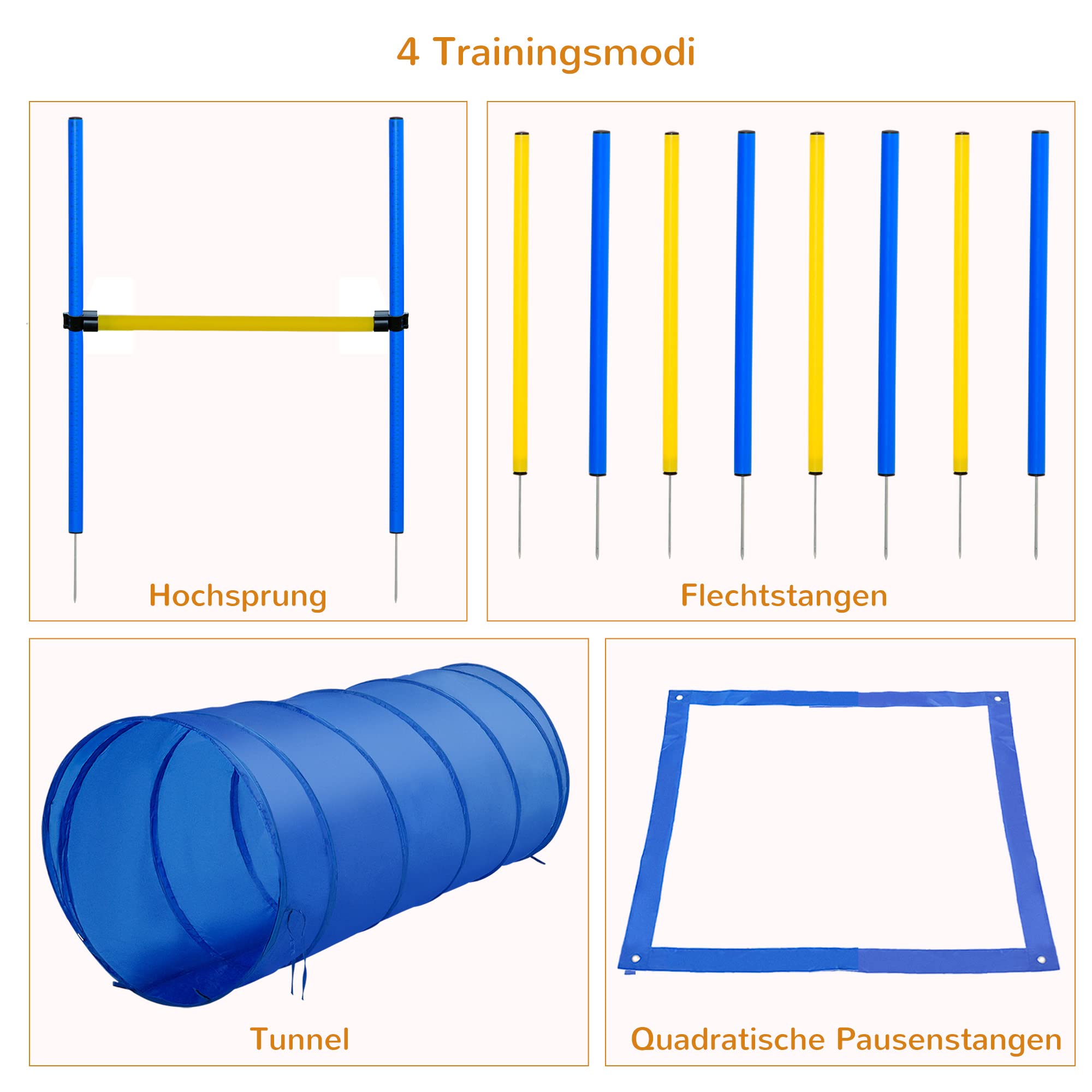 PawHut Agility-Übungs-Set Slalom-Hürden-Tunnel Hundesport Trainingsplatz PE+Polyester Blau+Gelb