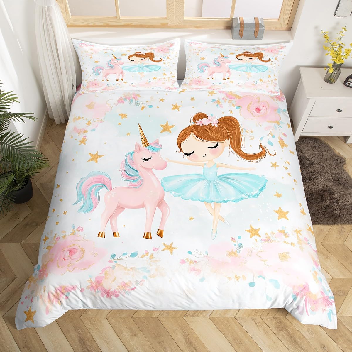 Manfei Princess Duvet Cover Set Super King, Cute Unicorn and Ballerina Girls Bedding Set for Kids Princess, Watercolor Flower Comforter Cover, Lightweight Bedspread Cover, 2 Pillowcases, No Comforter