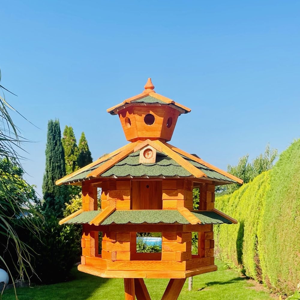 Villa para pájaros resistente a la intemperie, de L a XXL, comedero, con o sin soporte, en color marrón con rojo, verde o azul, para jardín y balcón (tamaño XXL, sin soporte, verde - marrón)