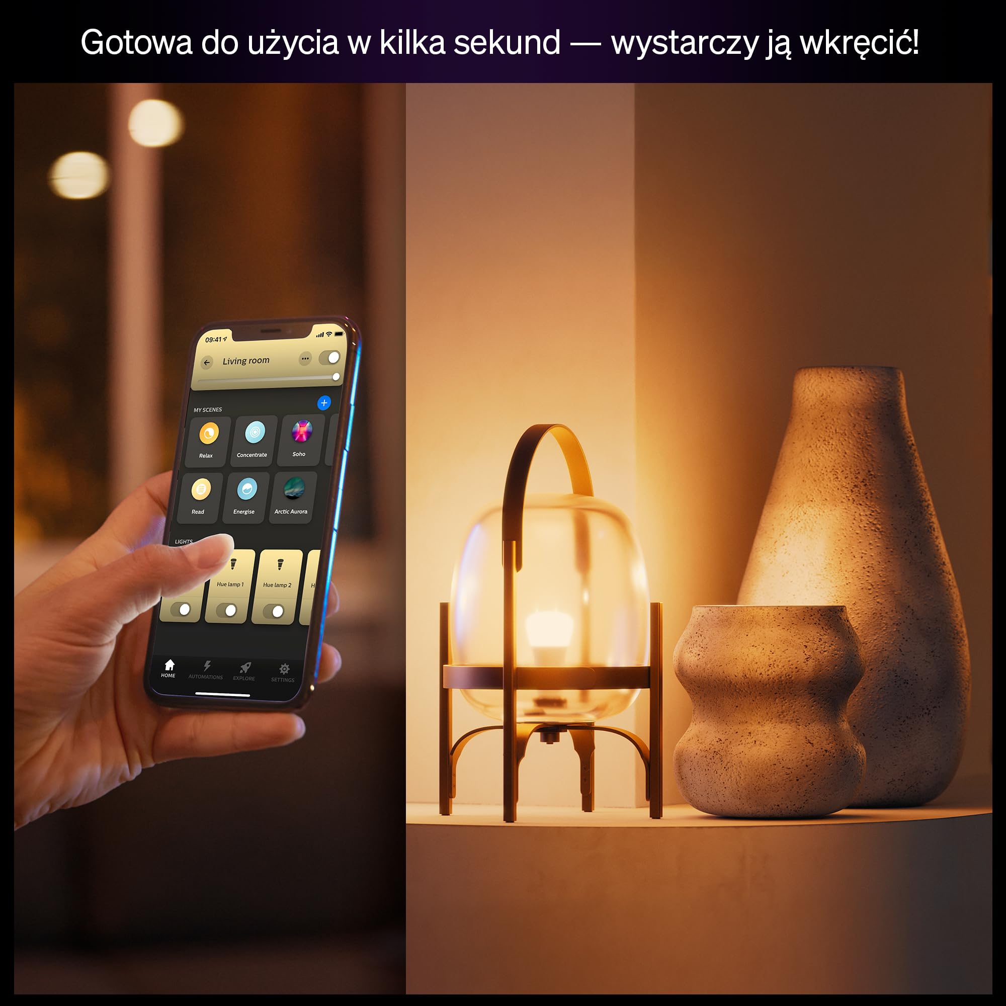 Żarówka Philips Hue Smart LED A60, White Ambiance, trzonek E27, 6 W, pełne spektrum światła 1000K–20000K, 810 lumenów, przyciemnianie, działa z Alexa, Google Assistant i Apple Home, op. 4 szt.