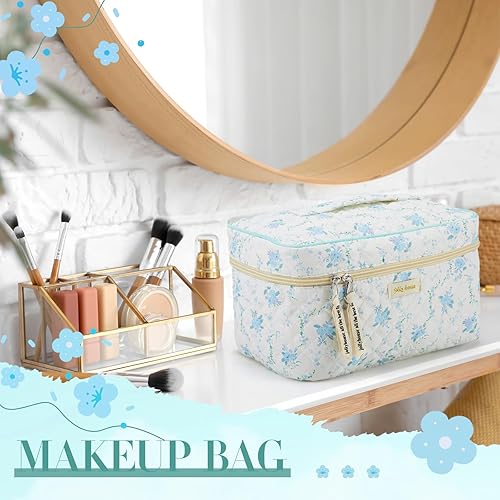 Miniatura 6 de Zeyune 2 bolsas de maquillaje acolchadas de viaje grandes para mujer, bonita bolsa de aseo de algodón floral, bolsa de cosméticos estética de peonía