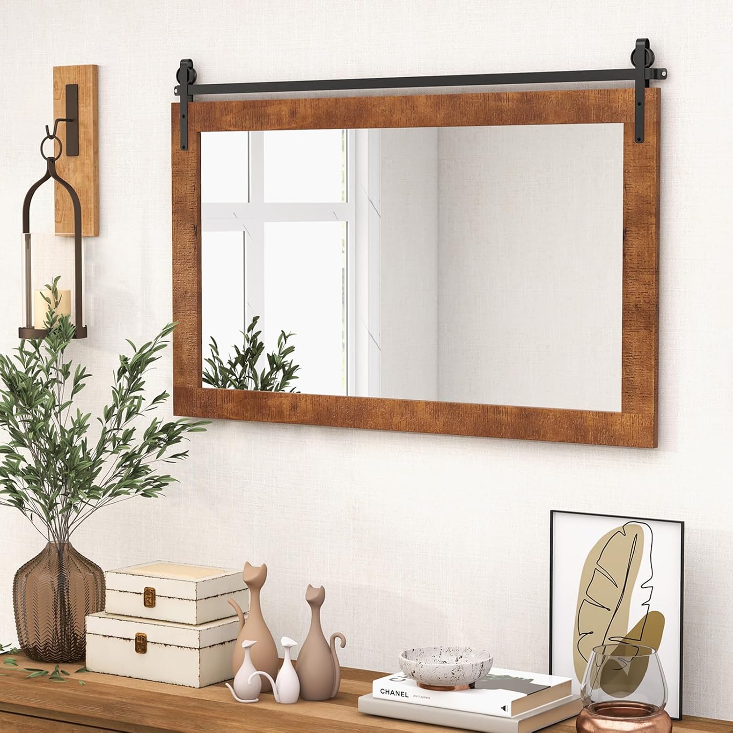 CHARMAID Farmhouse Wall Mirror, 40" x 26" Barn Door Style