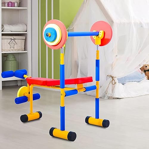 Miniatura 6 de Equipo de ejercicio de fitness para niños, divertido juguete de ejercicio de banco y prensa de piernas, mancuernas de entrenamiento para niños,