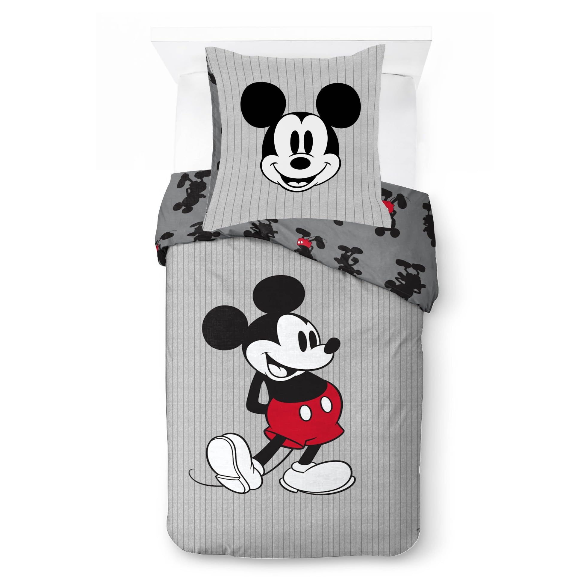 Juego de Cama de Mickey Mouse Disney a Rayas con Funda de edredón para Cama Individual de algodón Afelpado - Incluye una Funda de Almohada de 80 x 80 cm