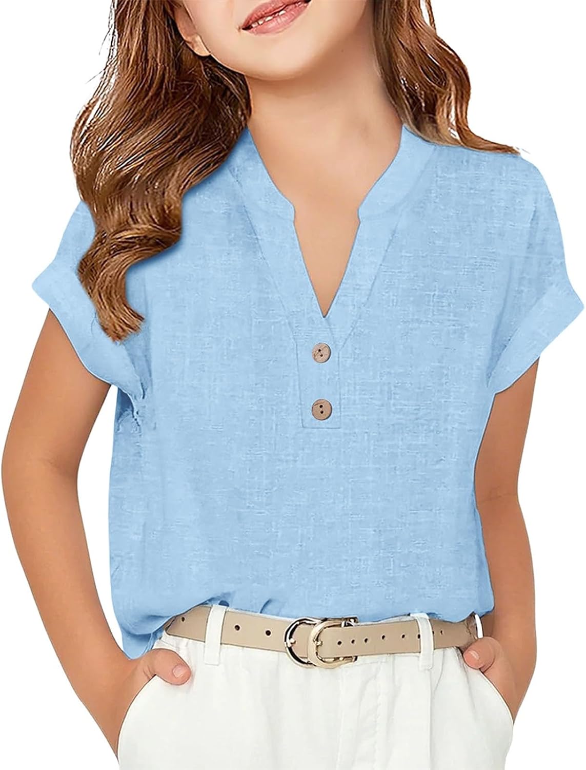 Cotton Linen Shirts for Girls Short Sleeve V Neck Tunic Blouse Tween Tops School Uniform Shirts Cute Summer Clothes