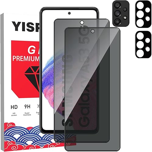 Paquete de 2 protectores de pantalla de privacidad para Samsung Galaxy A53 5G + 2 protectores de lente de cámara, antiarañazos, vidrio templado
