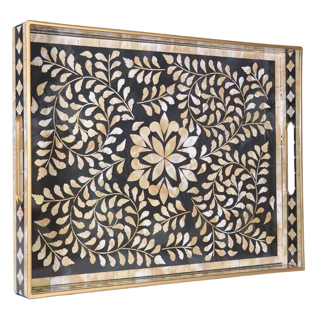 Luxury Premium Elegant Decorative Rectangular Serving Tray Cosmetic Tray Organiser with Handles – Gloss Finish, Gold Trim – For Coffee Table, Vanity, Kitchen – 40x30x4cm (Black Floral 2)