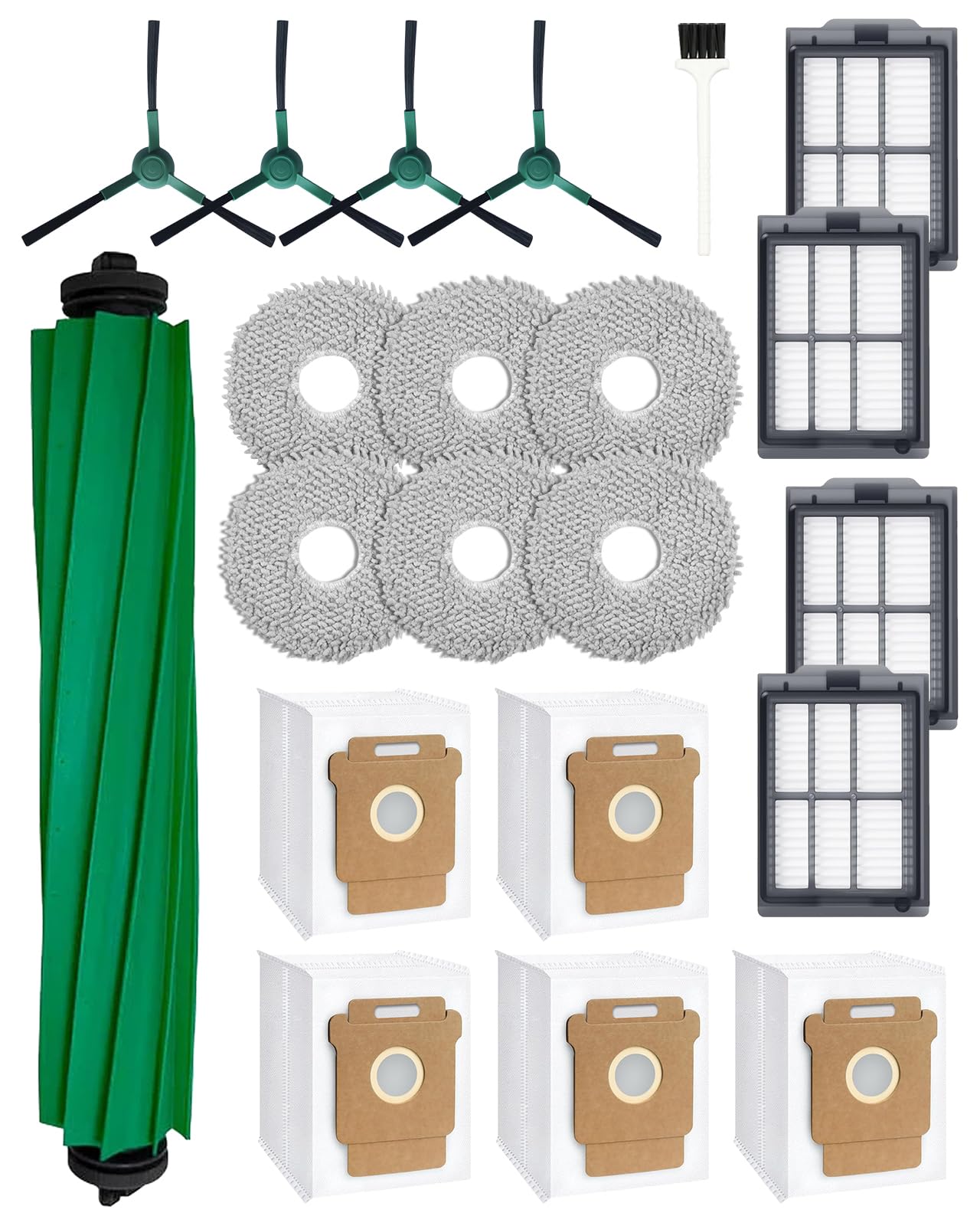 iRobacc 21 Pezzi di Ricambio per iRobot Roomba Plus 405/505 Combo Robot Aspirapolvere: 1 Spazzola Principale, 4 Spazzole Laterali, 4 Filtri HEPA, 5 Sacchetti Antipolvere, 6 Panni per Mocio, 1 Spazzola
