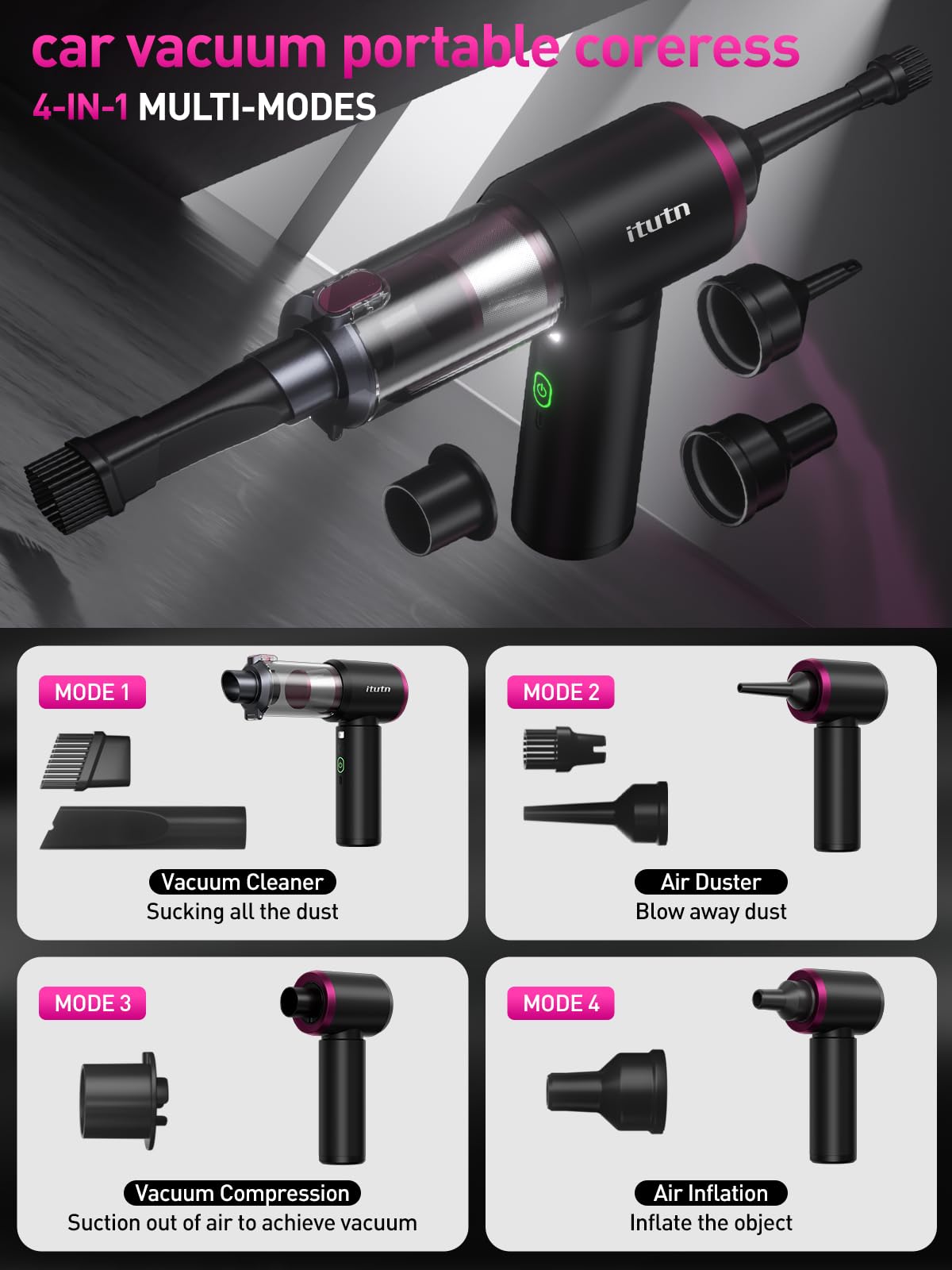 Mini aspirapolvere portatile per auto senza fili con luce LED, aspirazione potente da 15000 PA, 80 W ad alta potenza, aspirapolvere con un solo clic, filtro Hepa doppio, aspirapolvere per auto