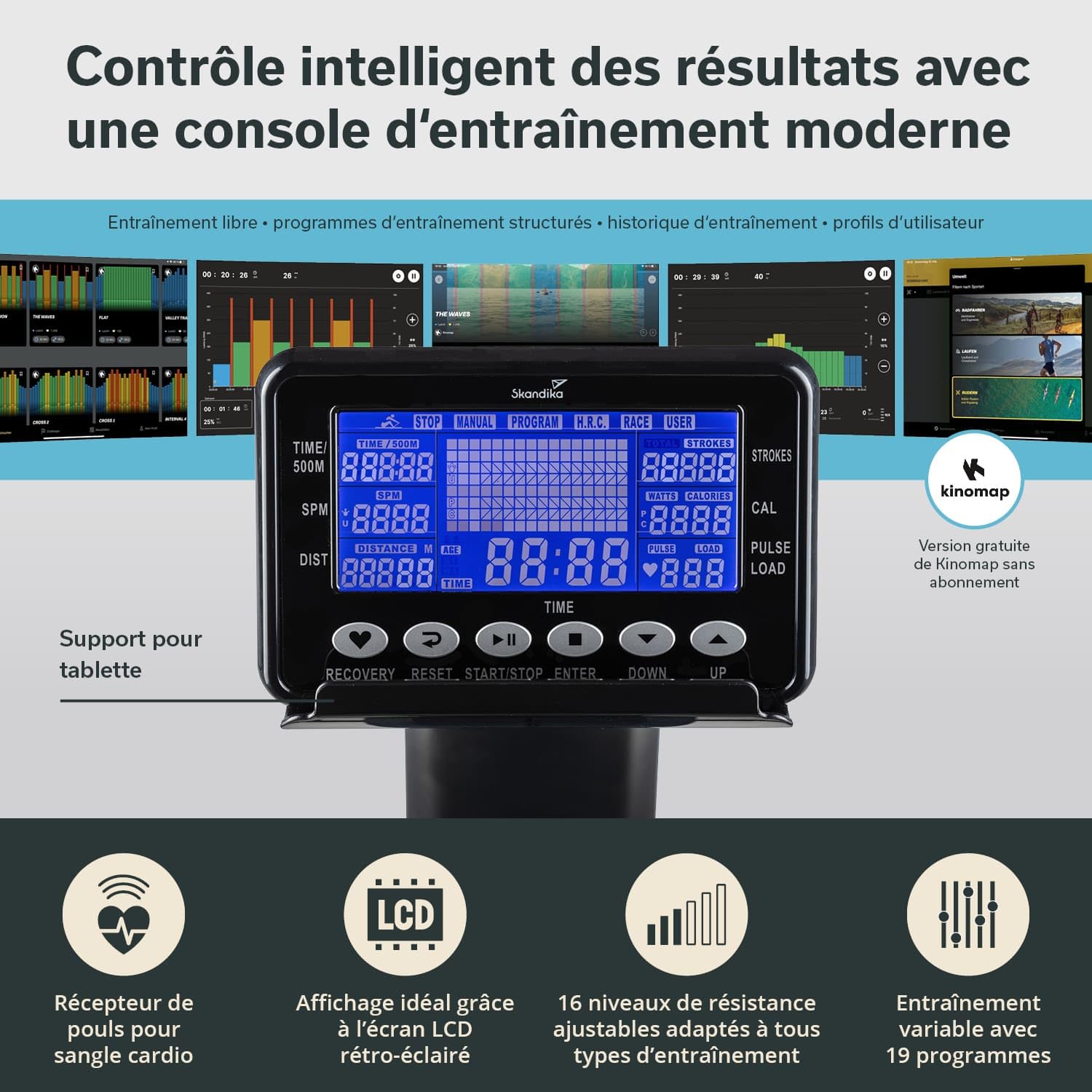 Skandika Rameur Pliable D’Appartement Njord, 16 Niveaux de Résistance, Qualité Studio, 12 Programmes, Écran LCD inertie 8KG, Rameur Magnétique, Kinomap, Rail 128cm, Support Tablette, Max 180KG