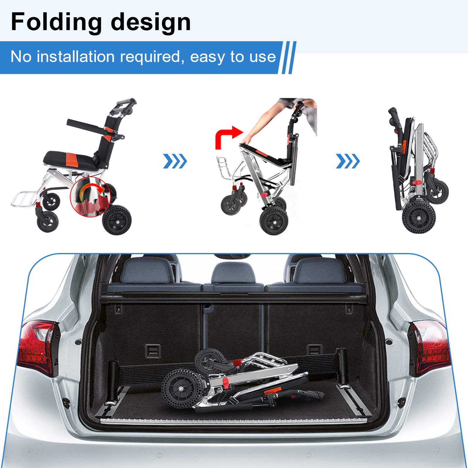 Leichter faltbarer Rollstuhl mit Handbremsen – unterstützt 100 kg, Aluminium-Rollstuhl für Erwachsene und Senioren – Transport Reisen Rollstuhl Trolleys