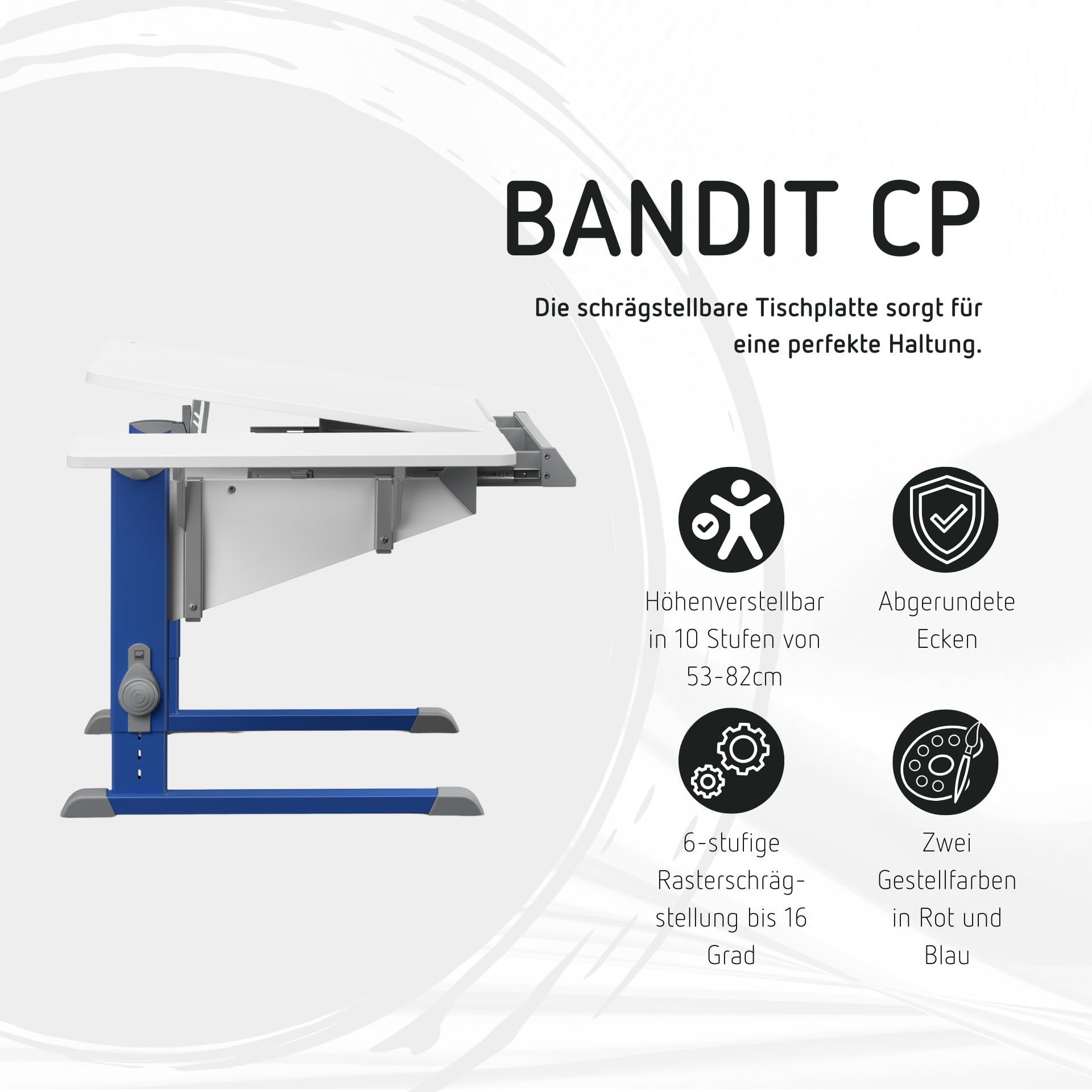 Moll Bandit Kinderschreibtisch höhenverstellbar | mitwachsend, ergonomisch & neigbar für aufrechtes Sitzen | ideal für Schulkinder | Schreibtisch weiß (Side Top & Schublade, Blau, 90cm x 70,5cm)