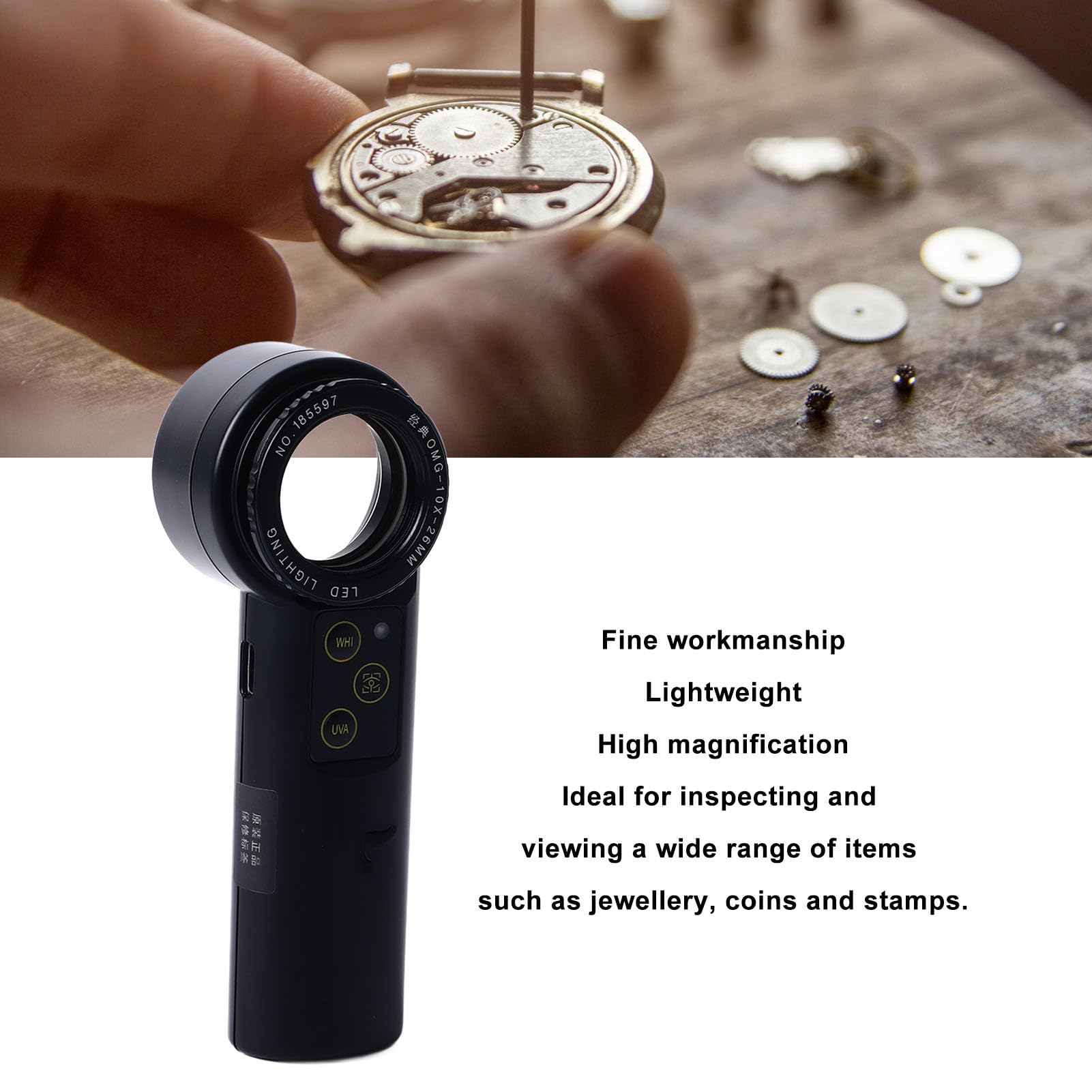 Lente D'ingrandimento per Gioielli, Lente D'ingrandimento Portatile con 2 Luci LED, Lenti in Vetro a Doppio Strato per Gioiellieri per Francobolli Oggetti D'antiquariato Gemme (10X)