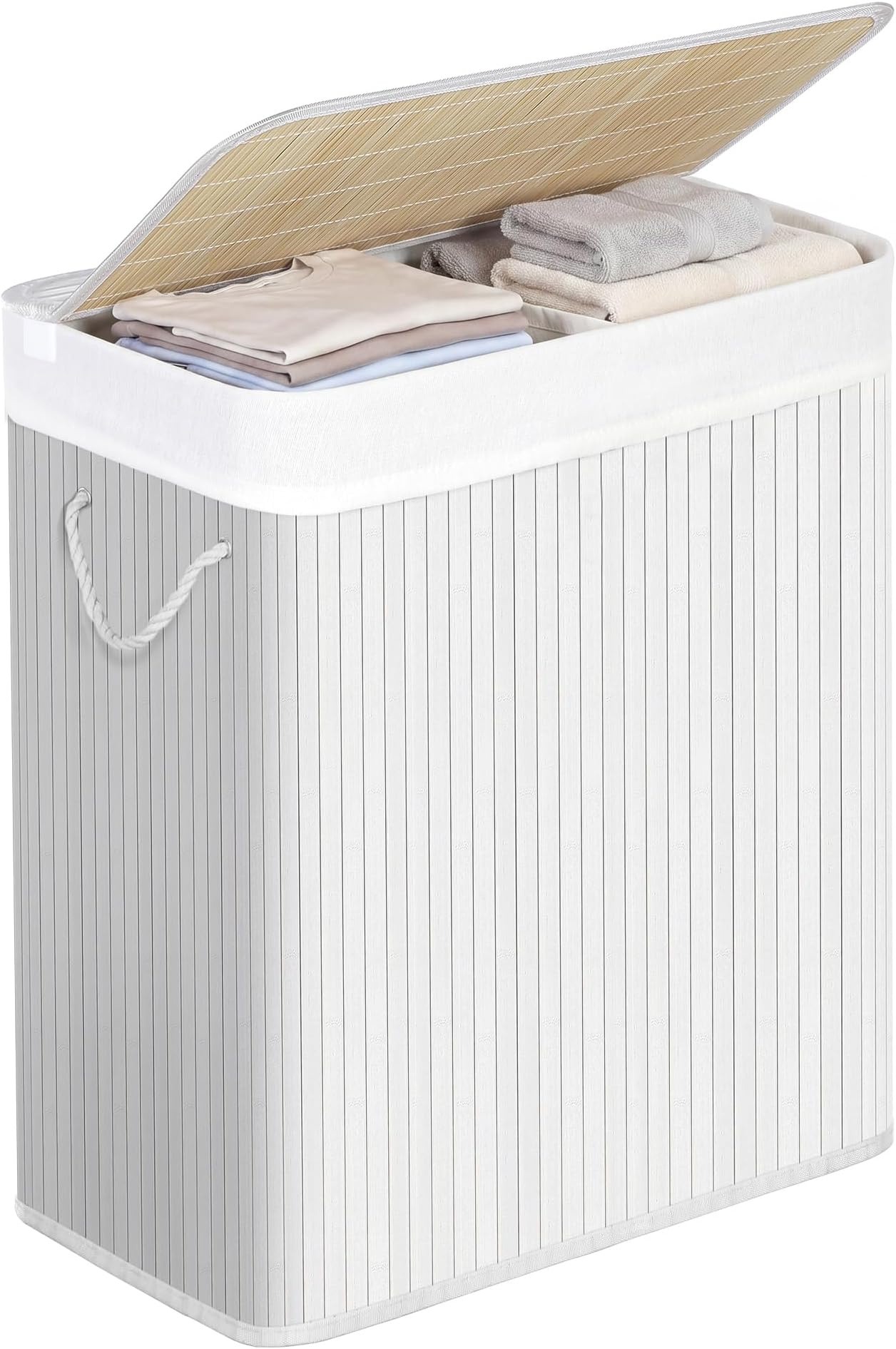 – SONGMICS - Laundry Basket with Lid - Bamboo Laundry Basket with 2 Sorting Compartments, Removable Bag, Cotton Handles - Volume 100L, for Laundry Room, Bedroom - White -LCB64WT