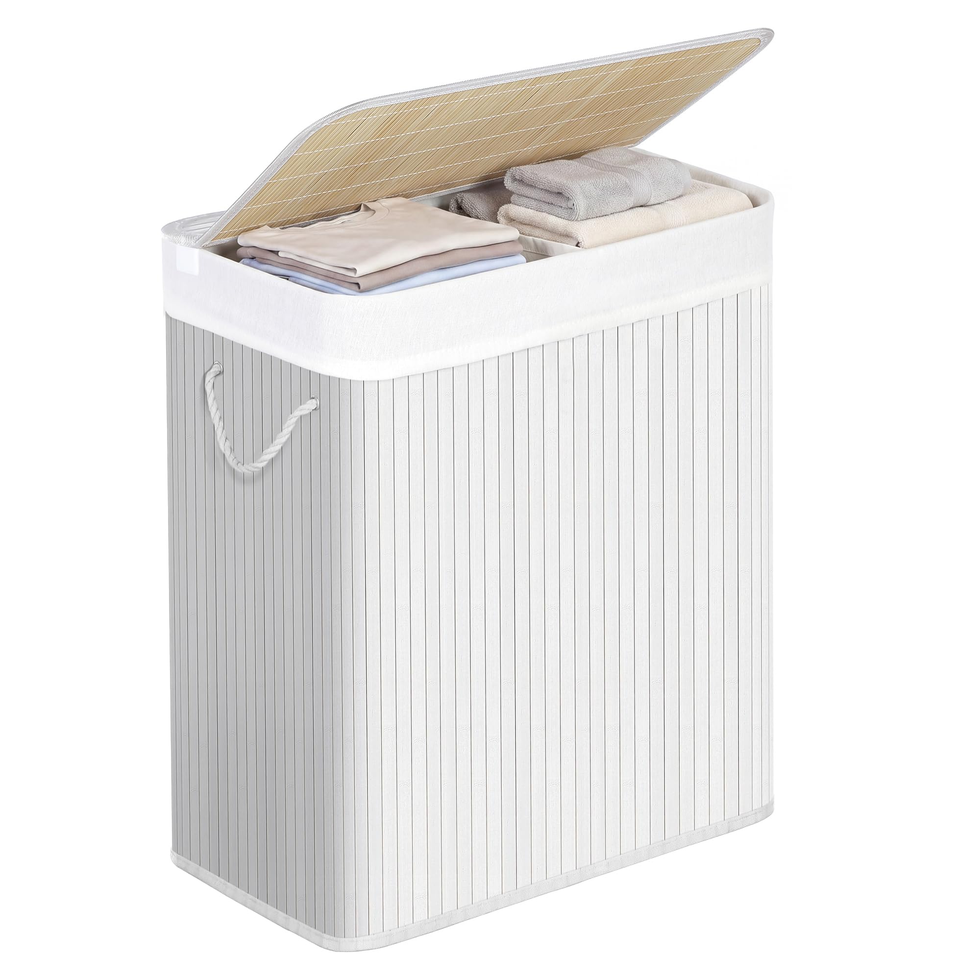 SONGMICS - Laundry Basket with Lid - Bamboo Laundry Basket with 2 Sorting Compartments, Removable Bag, Cotton Handles - Volume 100L, for Laundry Room, Bedroom - White -LCB64WT