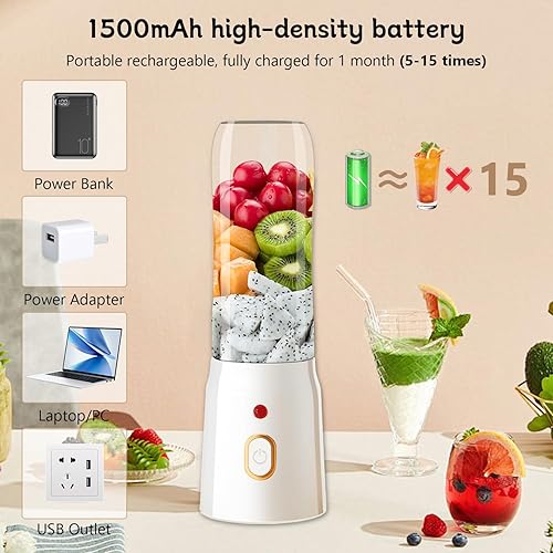 Miniatura 5 de Licuadora de tamaño personal para batidos y licuados - Mezclador portátil recargable de 15.6 onzas con 10 cuchillas, 2 tazas para jugos de fruta