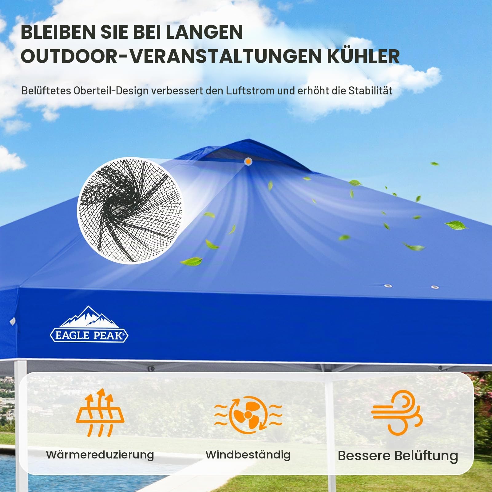EAGLE PEAK Aufstellbarer Pavillon mit rollbarer Tragetasche, 8 Erdheringen, 4 Seilen, 4 Gewichtsacken, einfach aufzubauen, 3x3 m, 9 m² Schattenfläche, Blau | PeakPush™-Zentralverriegelung, 1-Person-Aufbau, tragbares Falt-Zelt für Strand, Märkte, Camping &