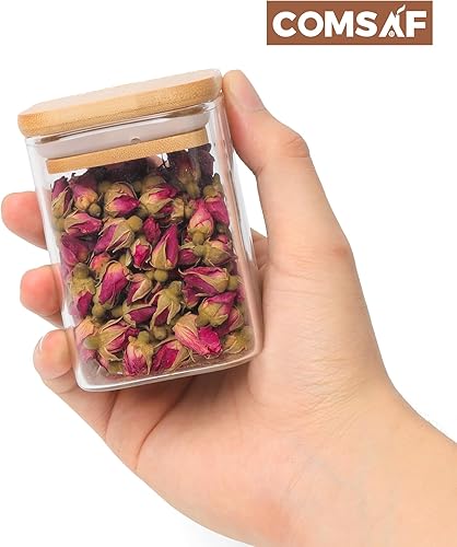Miniatura 8 de ComSaf 12 tarros de vidrio para especias con tapa de bambú, recipientes cuadrados herméticos de 10 onzas con 275 etiquetas negras, tarros vacíos