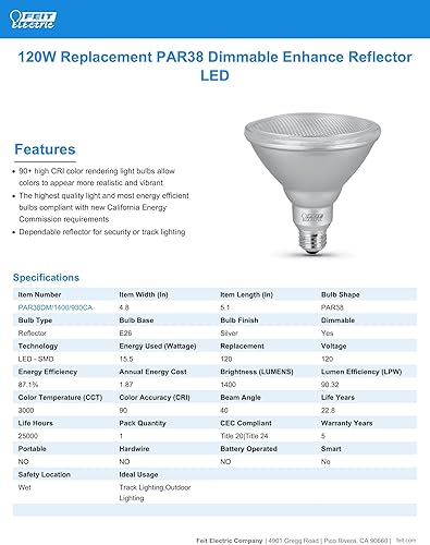 Miniatura 7 de Feit Electric Bombilla LED PAR38, equivalente a 120 W, no regulable, blanco brillante de 3000 K, 1400 lúmenes, vida útil de 22 años, base E26,