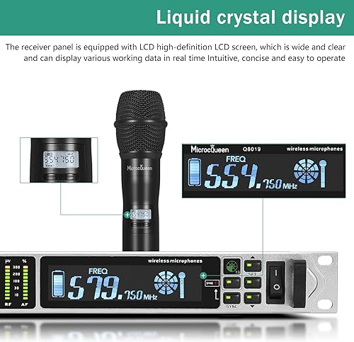 Miniatura 2 de Sistema de micrófono inalámbrico UHF, doble canal con 2 micrófonos de mano de metal, frecuencia alternativa de 200 canales, distancia de trabajo de