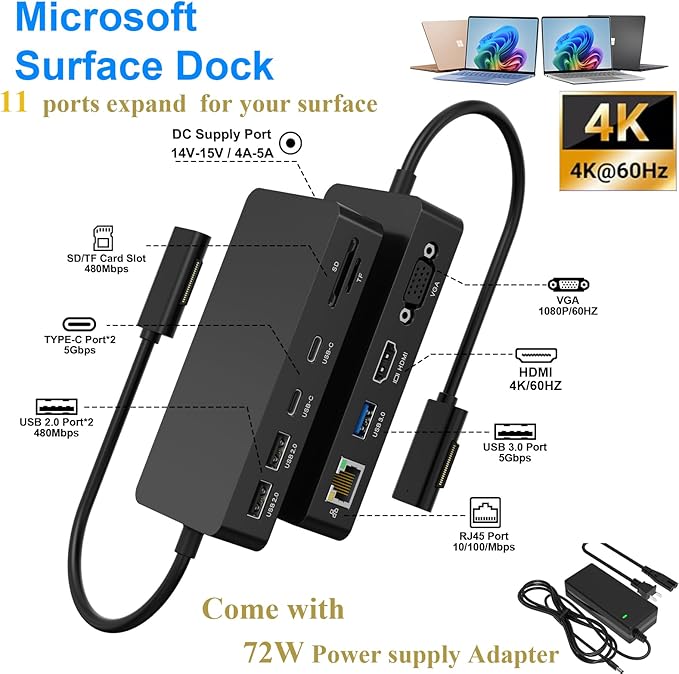 Docking Station MS Surface Pro Triple Display 4K HDMI 11 en 1 miniatura 2